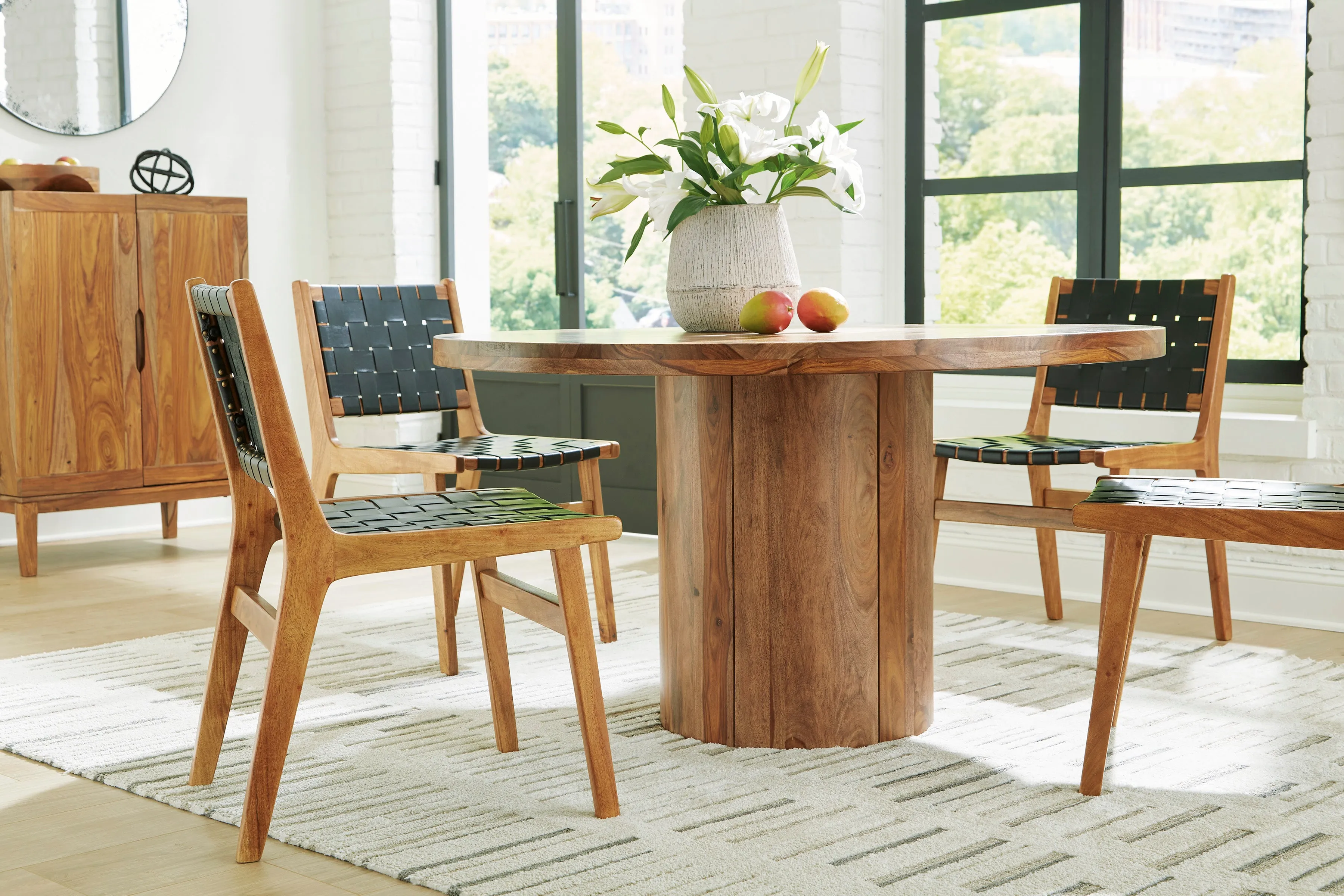 Dahlia 54" Round Table & 4 Leather/Wood Side Chairs