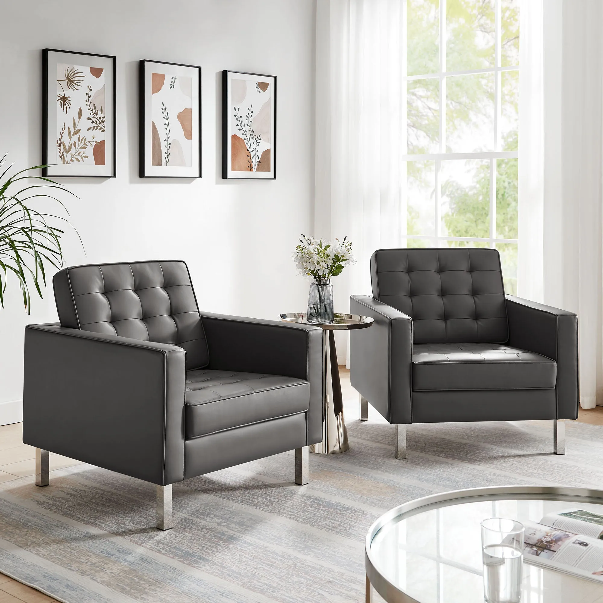 Loft Tufted Vegan Leather Armchairs - Set of 2 by Modway