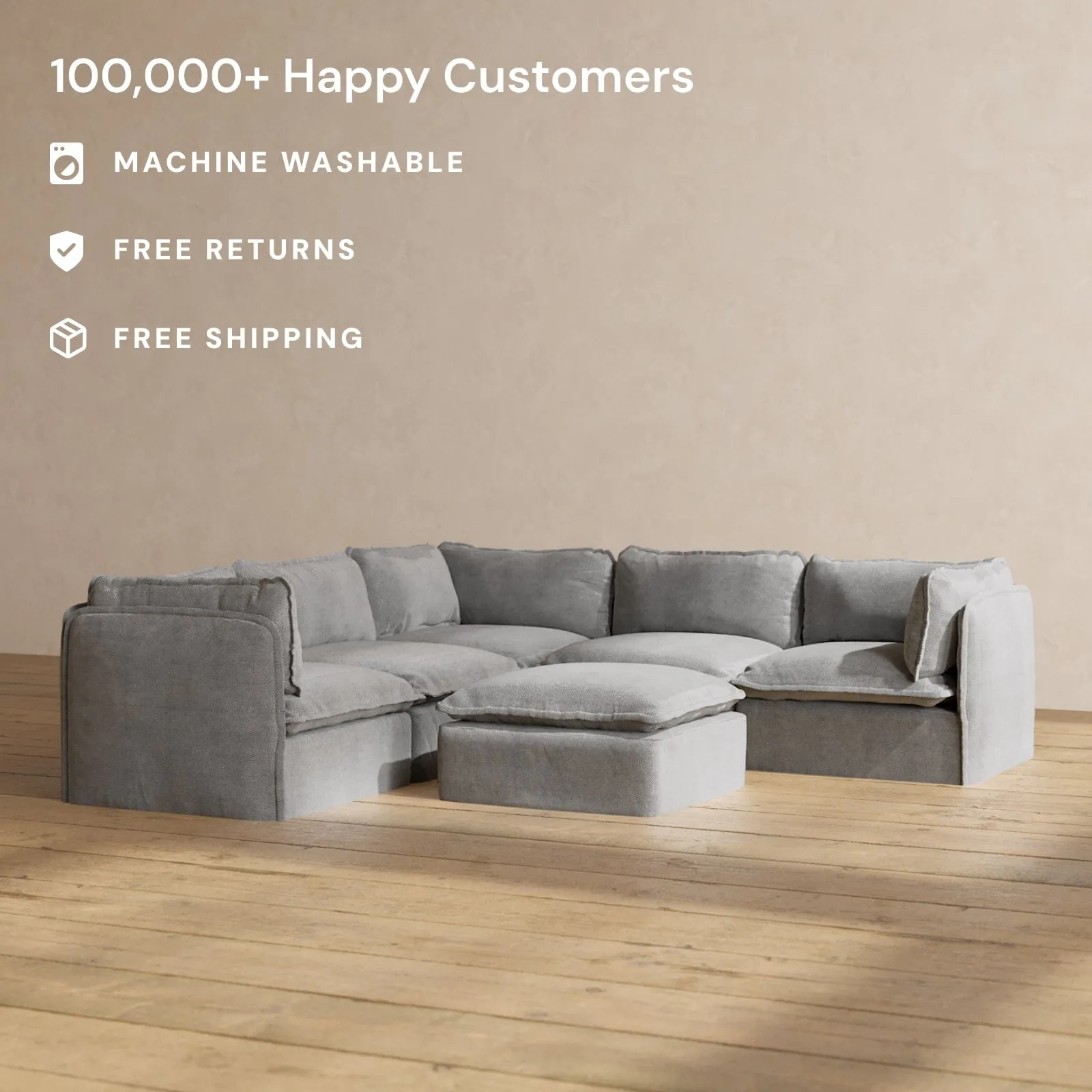 Modular Performance 5-Seater Corner Sectional   Ottoman in Ash | Deluxe Blend