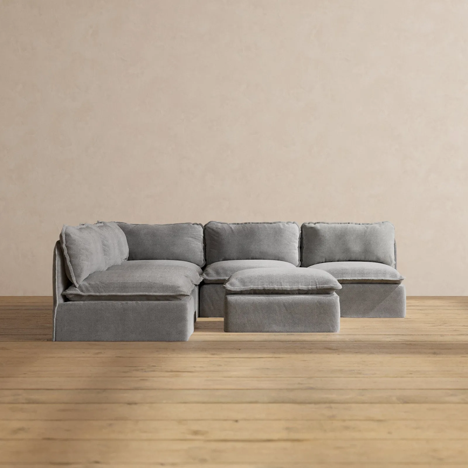 Modular Performance 5-Seater Open-Ends Corner Sectional   Ottoman in Ash | Relaxed Blend