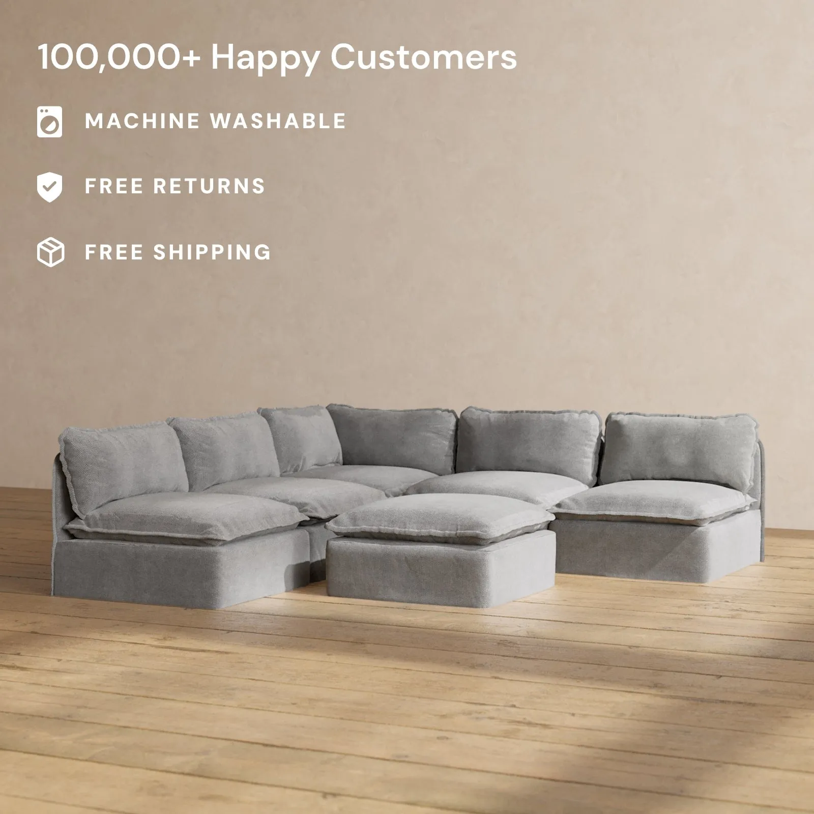 Modular Performance 5-Seater Open-Ends Corner Sectional   Ottoman in Ash | Relaxed Blend