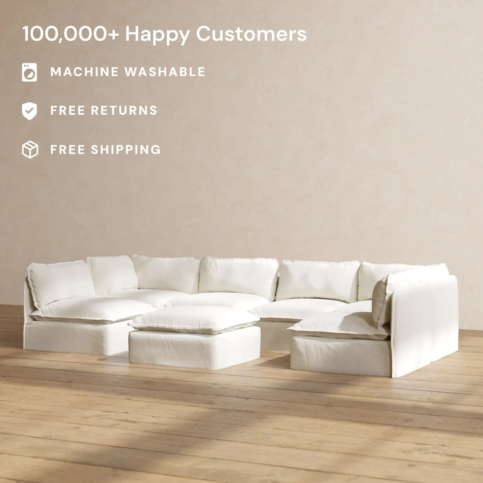 Modular Performance 6-Seater Open-Ends U-Sectional   Ottoman in Eggshell | Relaxed Blend