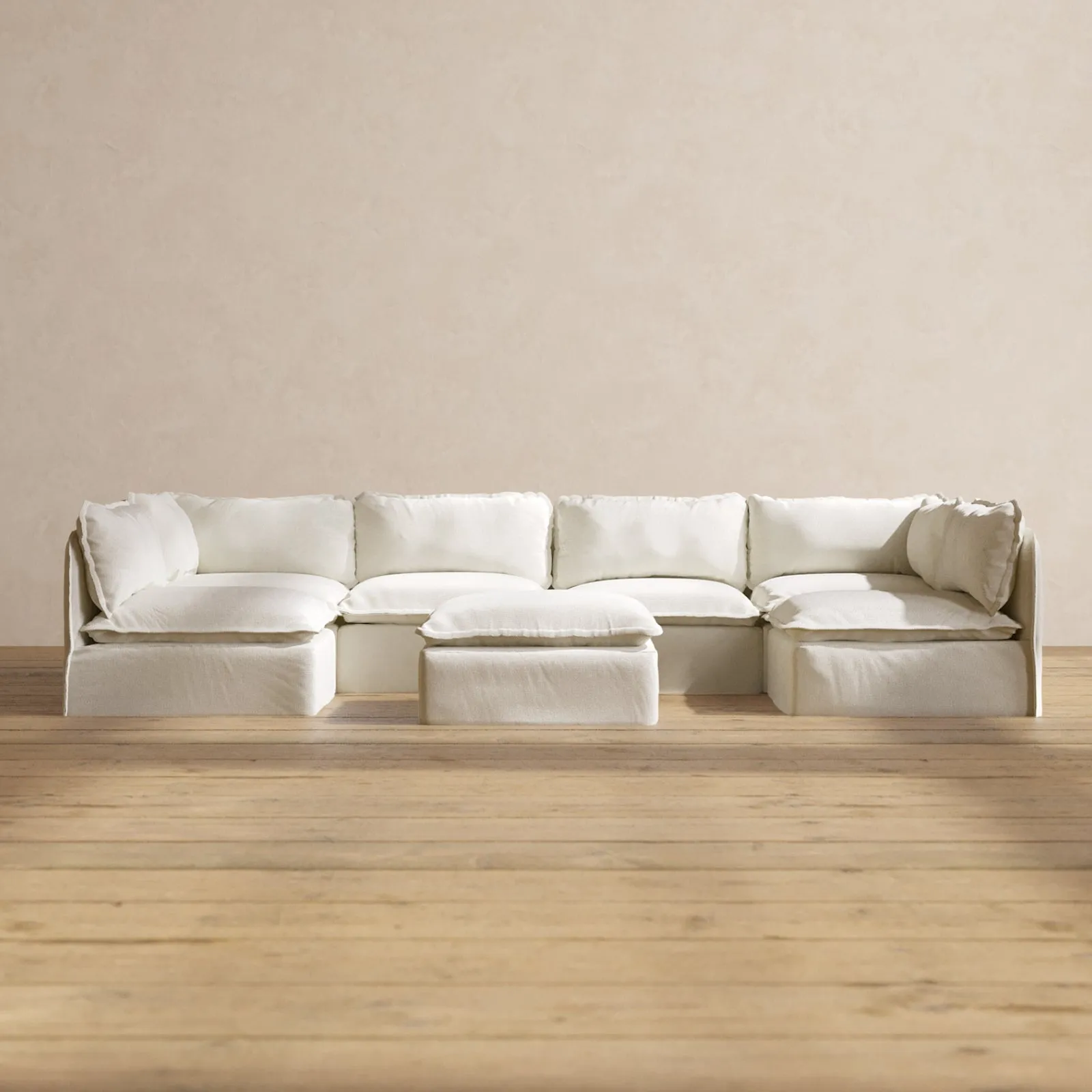Modular Performance 6-Seater Open-Ends U-Sectional   Ottoman in Eggshell | Relaxed Blend