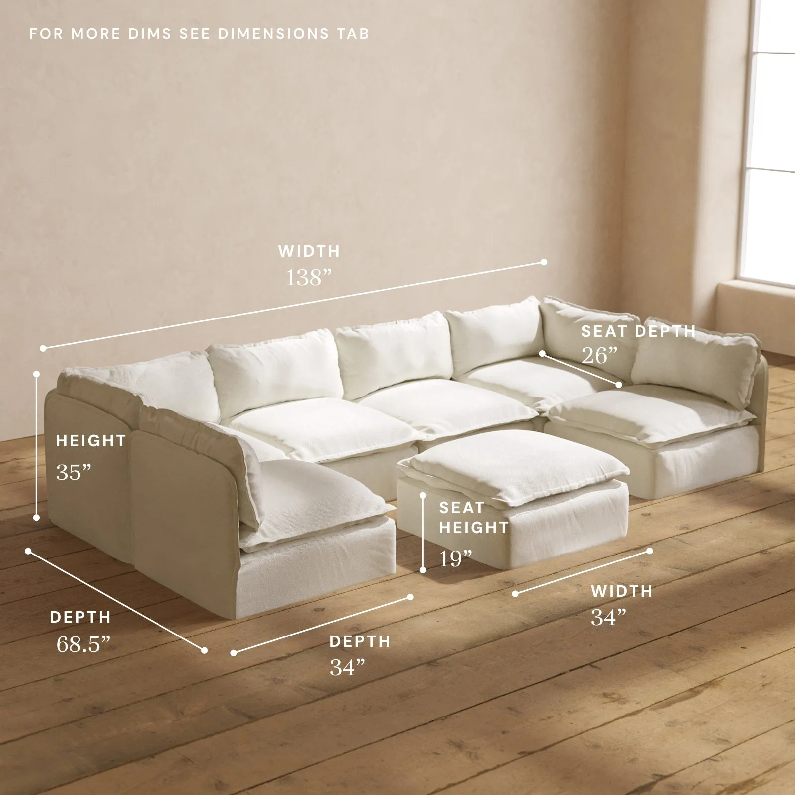 Modular Performance 6-Seater Open-Ends U-Sectional   Ottoman in Eggshell | Relaxed Blend
