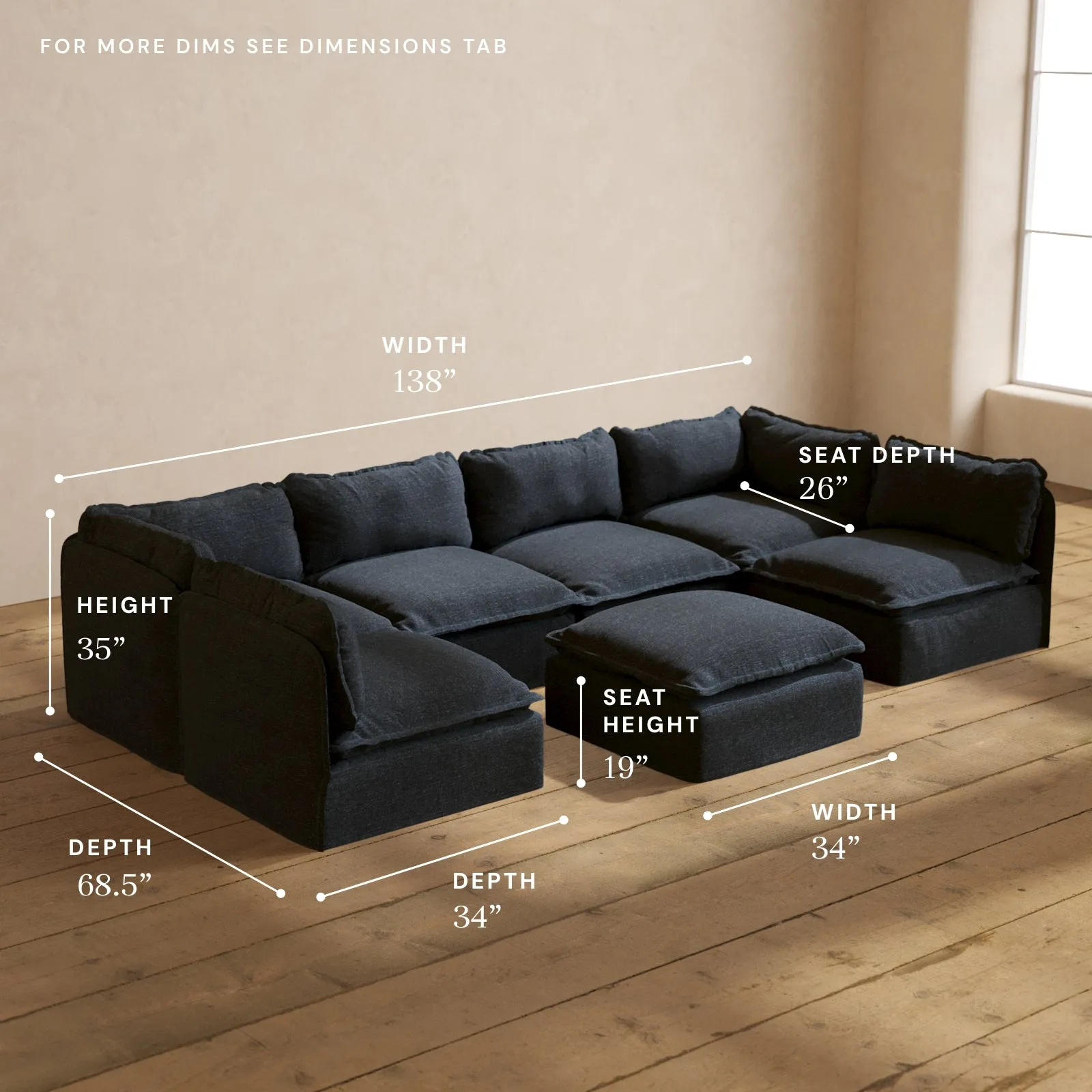 Modular Performance 6-Seater Open-Ends U-Sectional   Ottoman in Indigo | Deluxe Blend