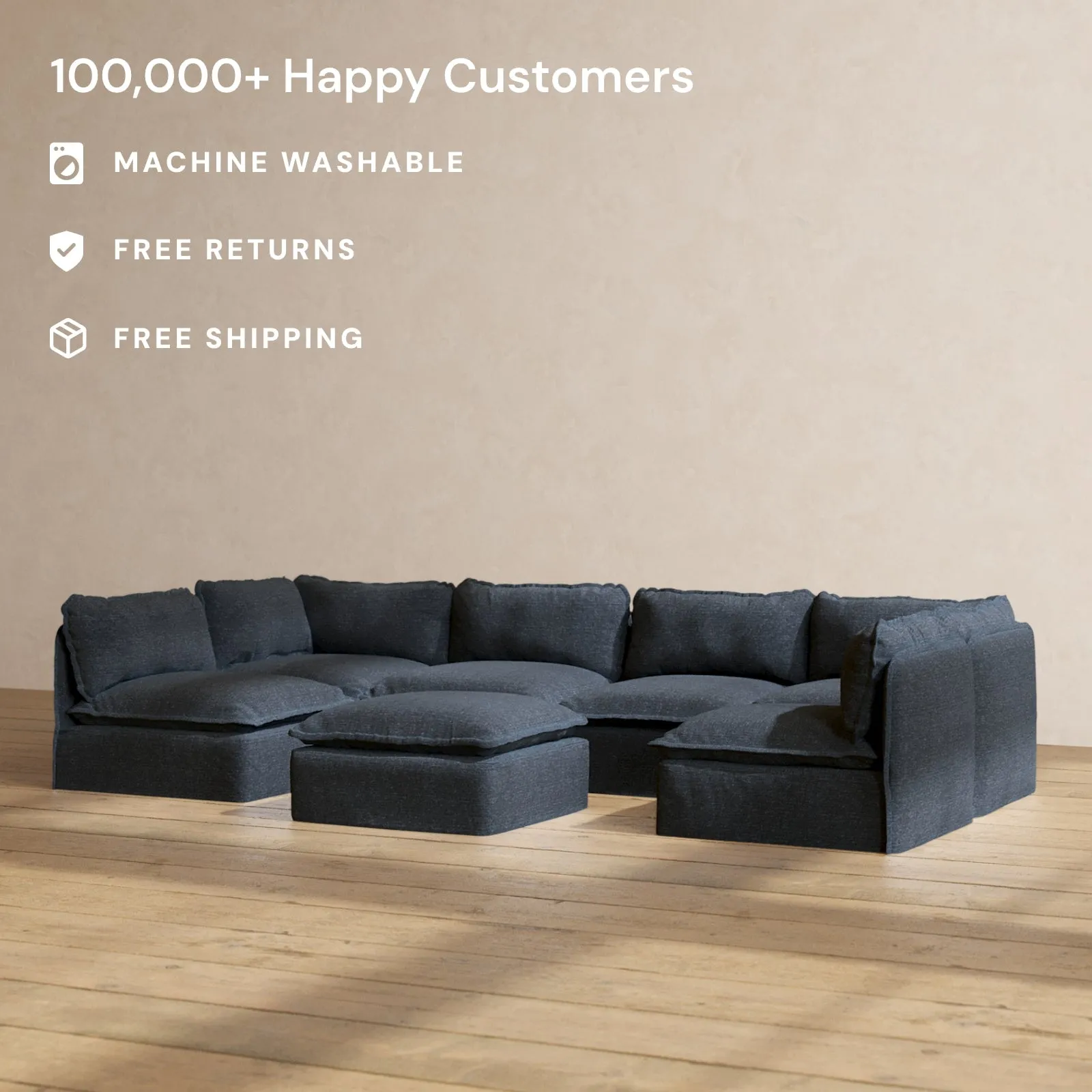 Modular Performance 6-Seater Open-Ends U-Sectional   Ottoman in Indigo | Deluxe Blend
