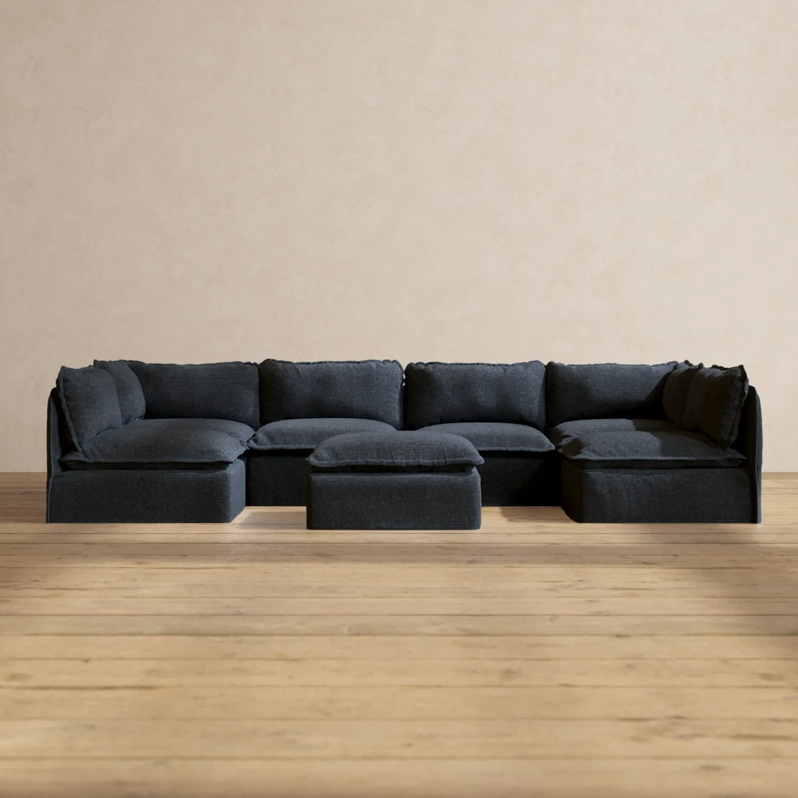 Modular Performance 6-Seater Open-Ends U-Sectional   Ottoman in Indigo | Deluxe Blend