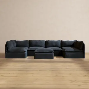Modular Performance 6-Seater Open-Ends U-Sectional   Ottoman in Indigo | Deluxe Blend