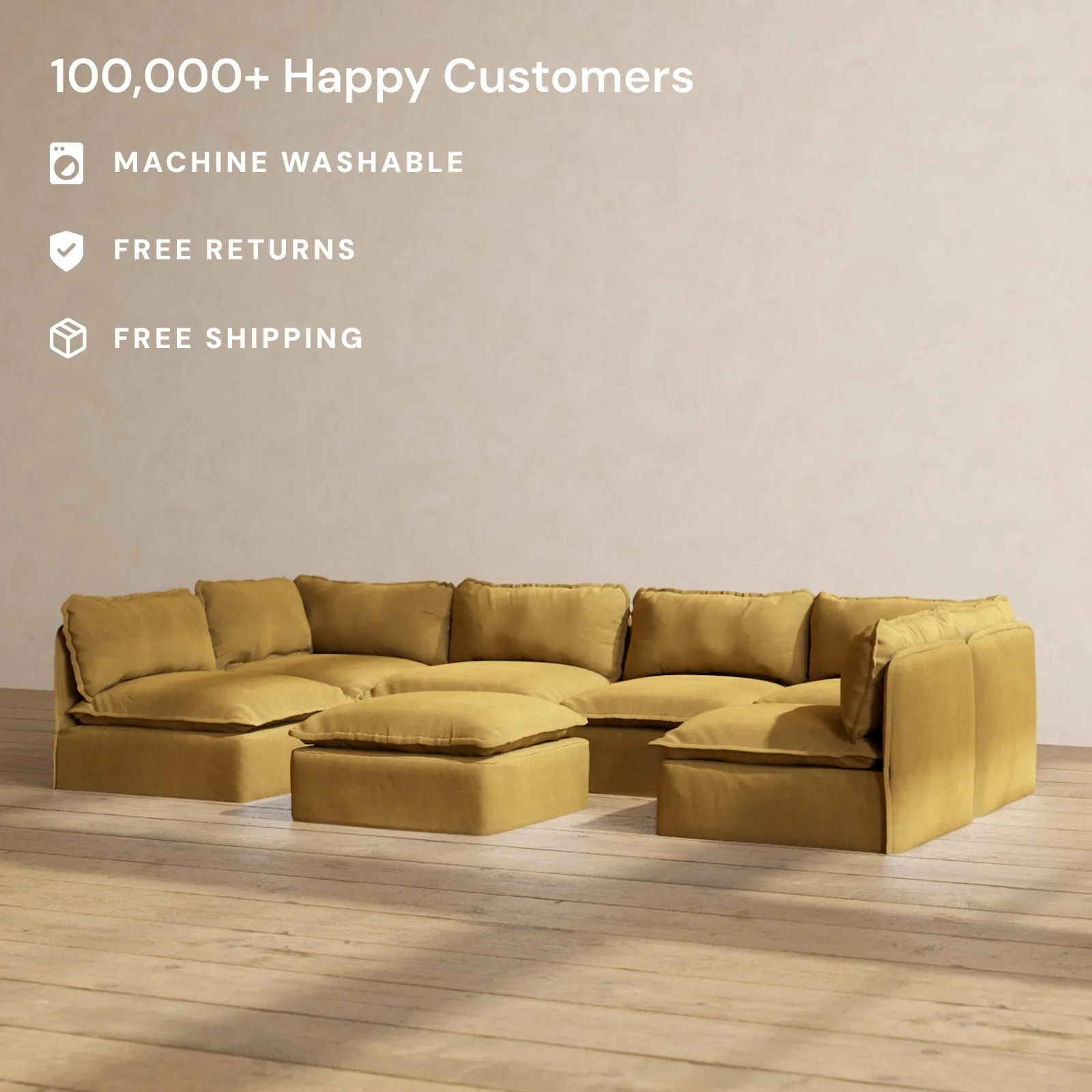 Modular Performance 6-Seater Open-Ends U-Sectional   Ottoman in Toffee | Relaxed Blend