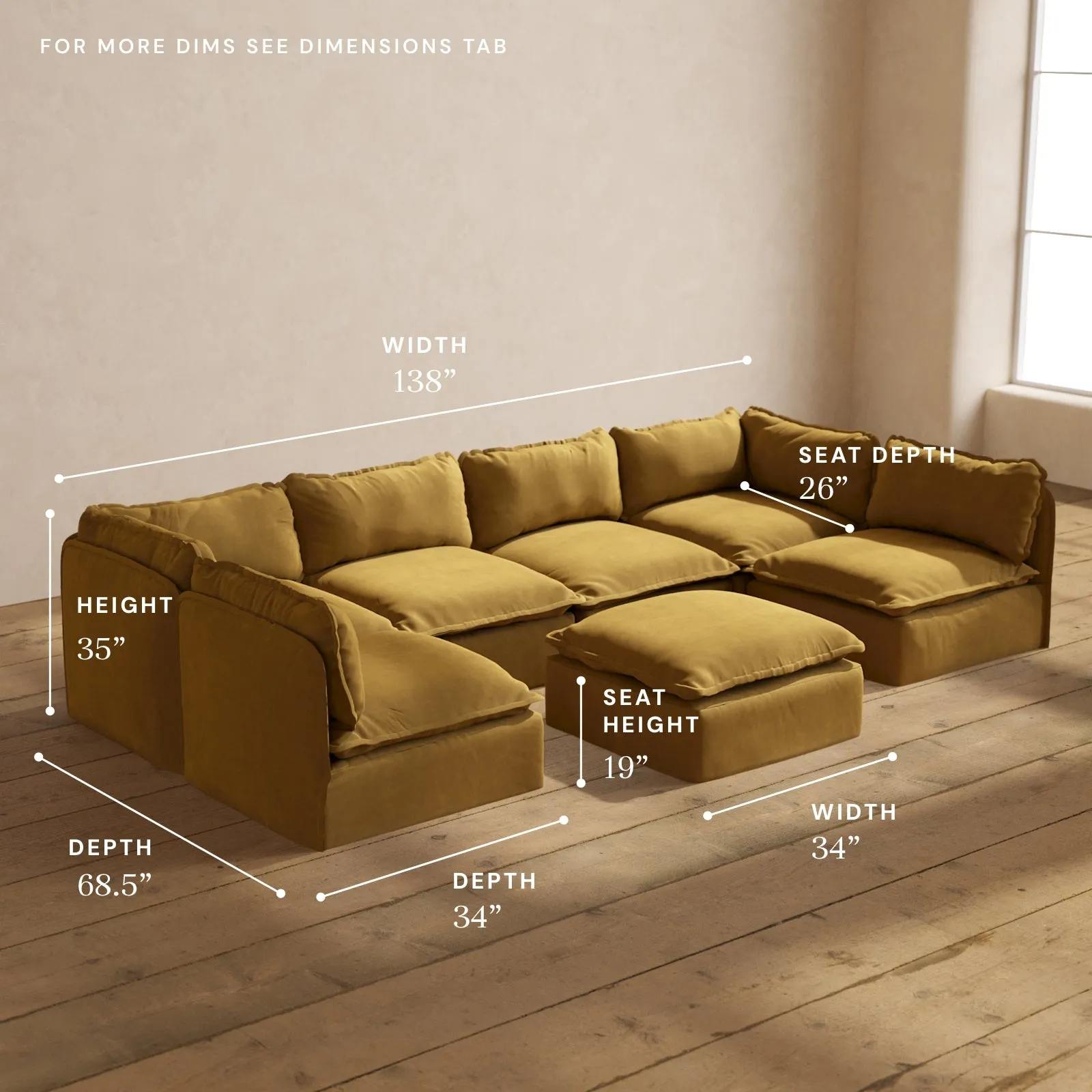 Modular Performance 6-Seater Open-Ends U-Sectional   Ottoman in Toffee | Relaxed Blend