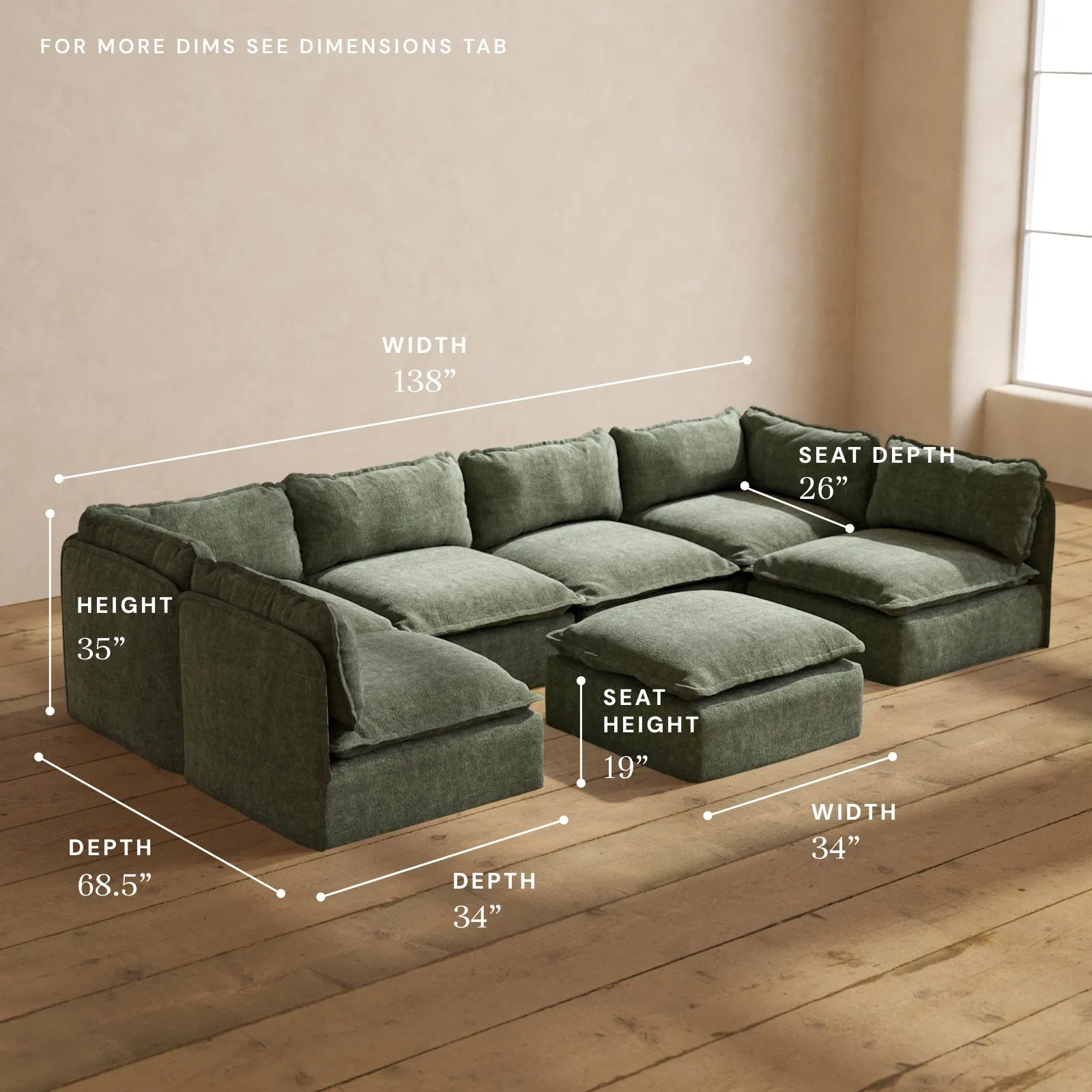 Modular Performance 6-Seater Open-Ends U-Sectional   Ottoman in Willow | Relaxed Blend