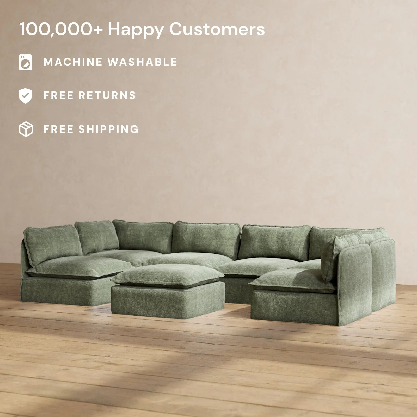 Modular Performance 6-Seater Open-Ends U-Sectional   Ottoman in Willow | Relaxed Blend