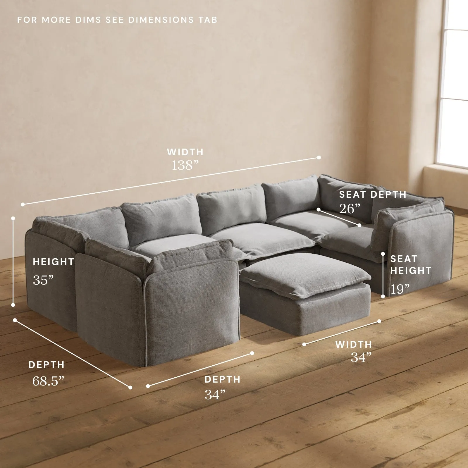 Modular Performance 6-Seater U-Sectional   Ottoman in Ash | Relaxed Blend