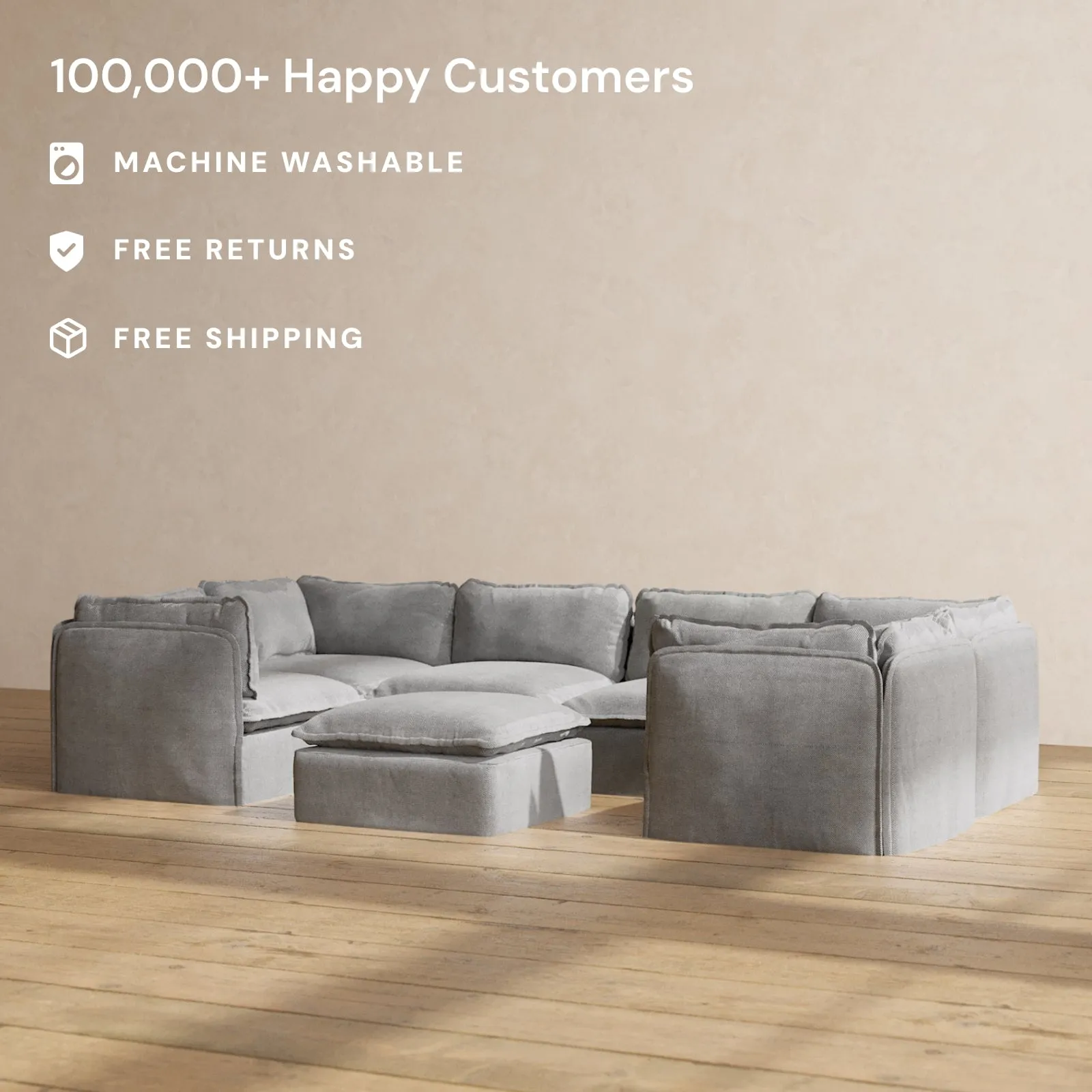 Modular Performance 6-Seater U-Sectional   Ottoman in Ash | Relaxed Blend