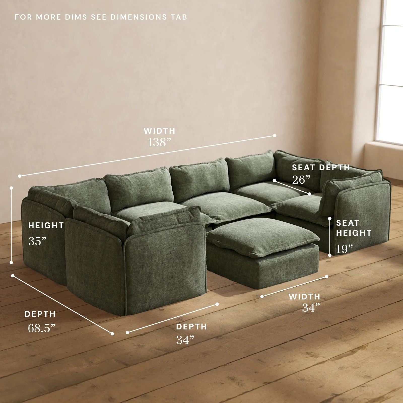 Modular Performance 6-Seater U-Sectional   Ottoman in Willow | Deluxe Blend