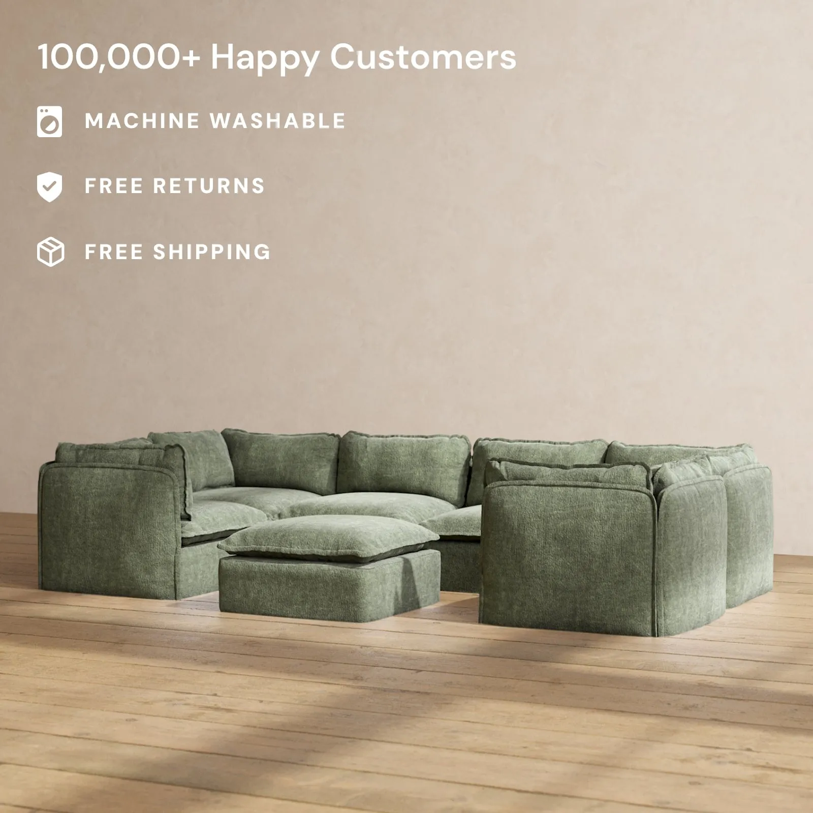 Modular Performance 6-Seater U-Sectional   Ottoman in Willow | Deluxe Blend