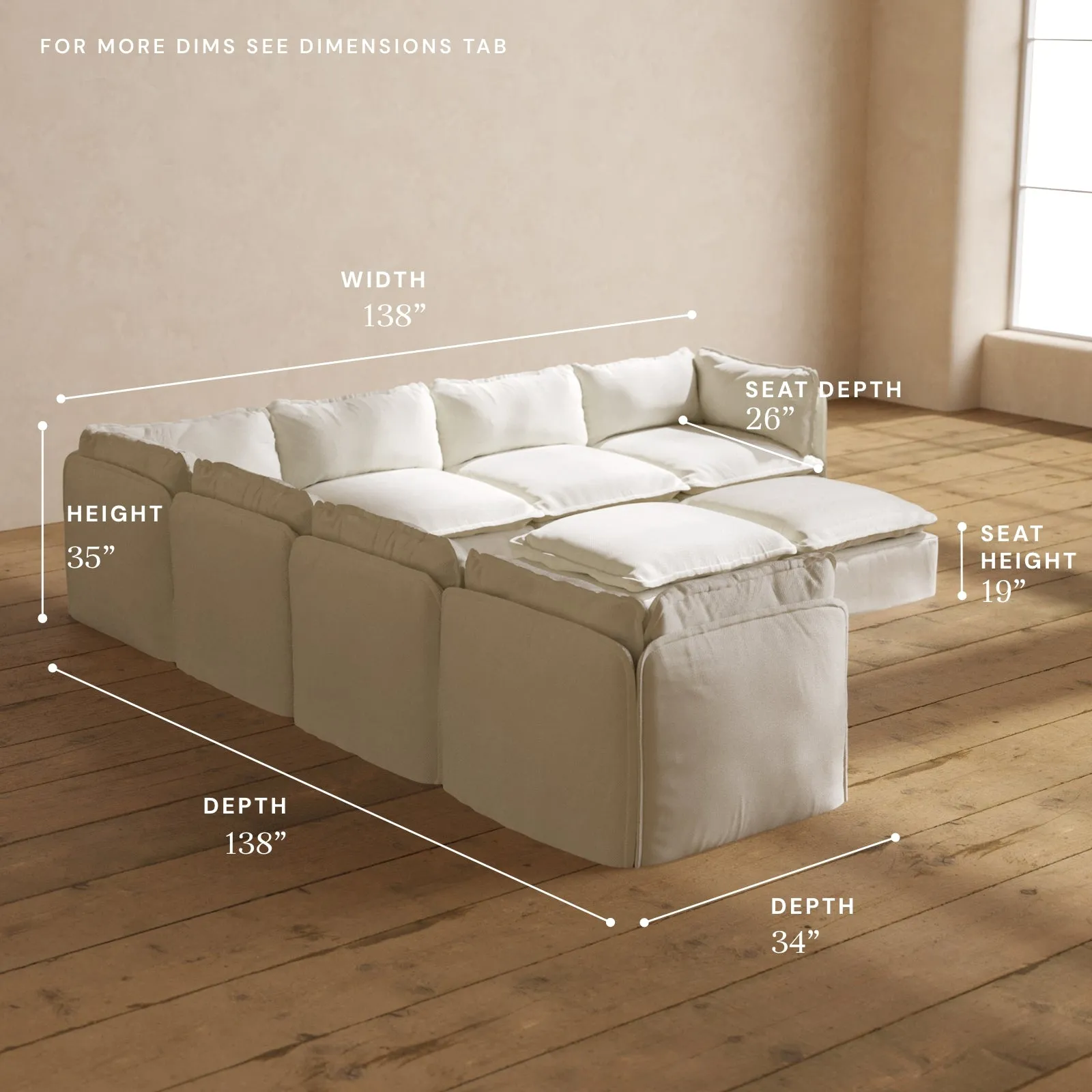 Modular Performance 7-Seater Corner Sectional   Bench Ottoman in Eggshell | Deluxe Blend