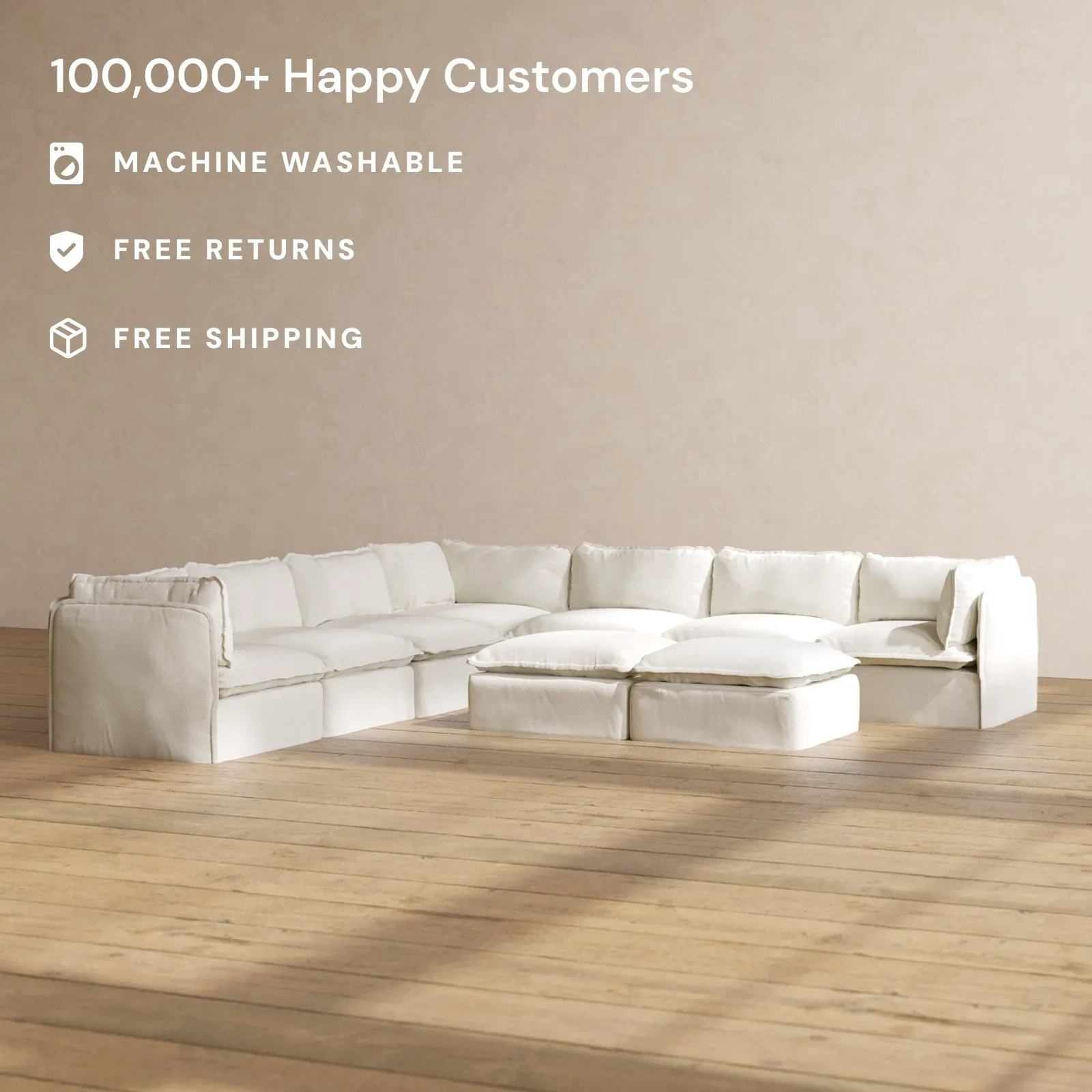 Modular Performance 7-Seater Corner Sectional   Bench Ottoman in Eggshell | Deluxe Blend