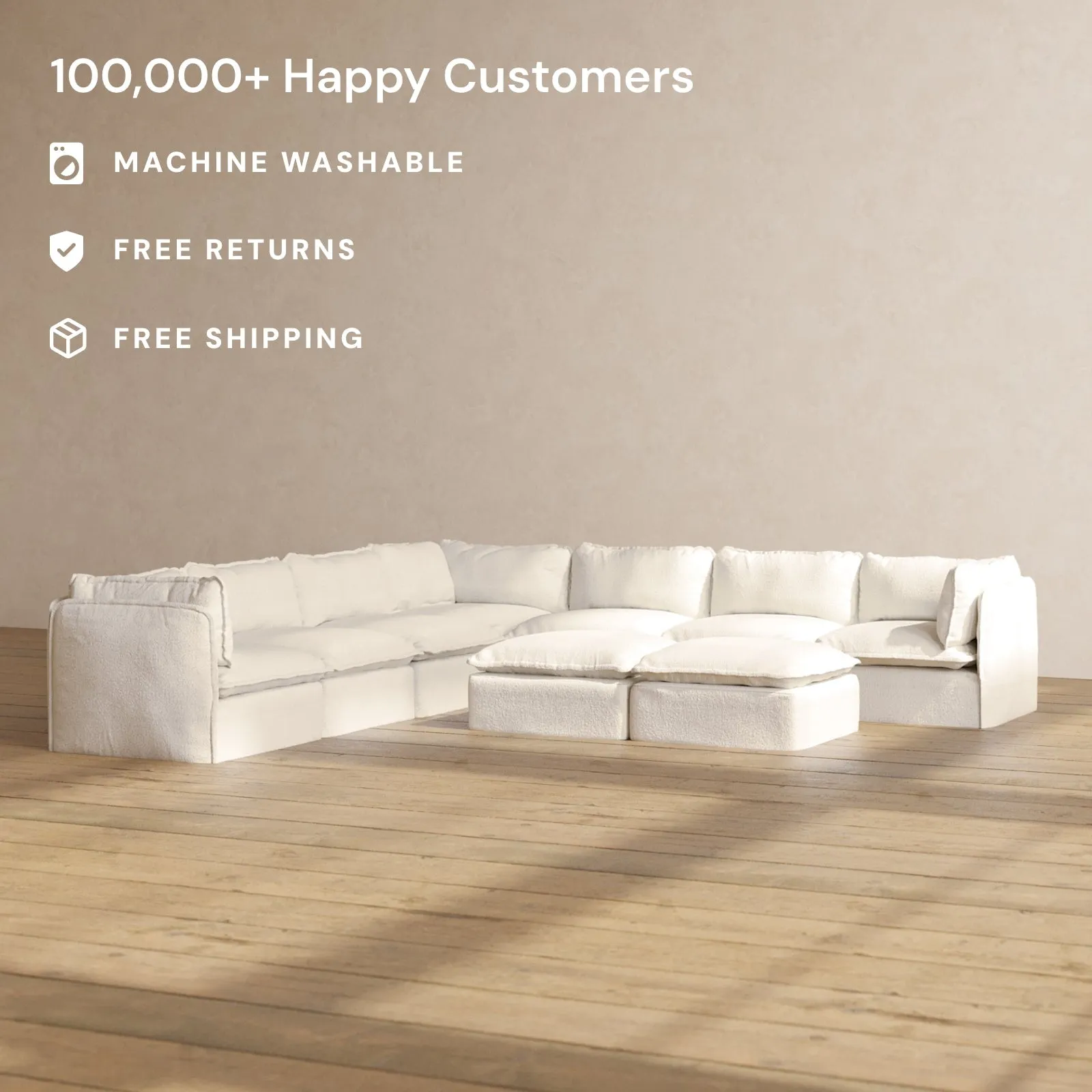 Modular Performance 7-Seater Corner Sectional   Bench Ottoman in Mousse | Deluxe Blend