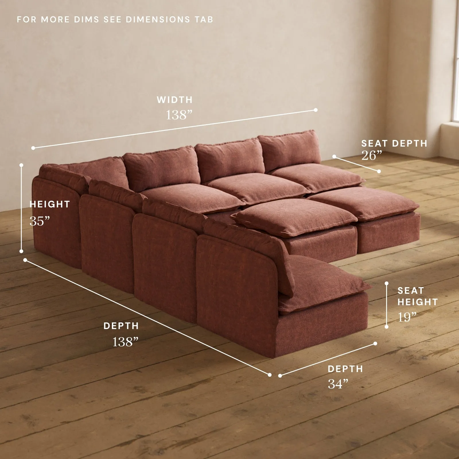 Modular Performance 7-Seater Open-Ends Corner Sectional   Bench Ottoman in Chestnut | Relaxed Blend