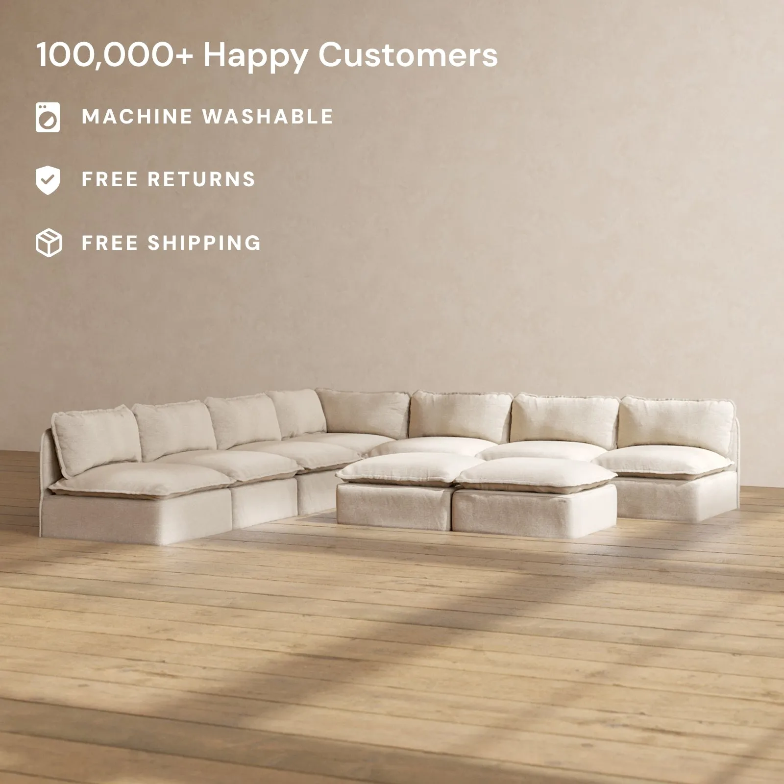 Modular Performance 7-Seater Open-Ends Corner Sectional   Bench Ottoman in Oat | Deluxe Blend