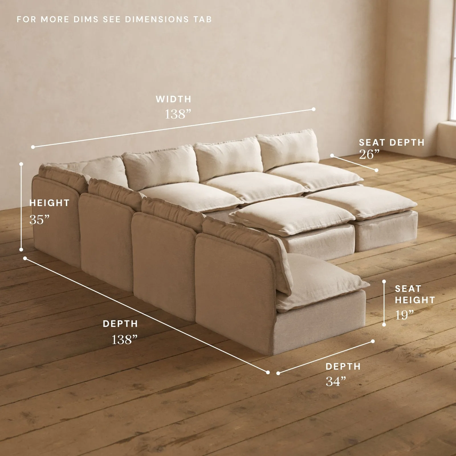 Modular Performance 7-Seater Open-Ends Corner Sectional   Bench Ottoman in Oat | Deluxe Blend