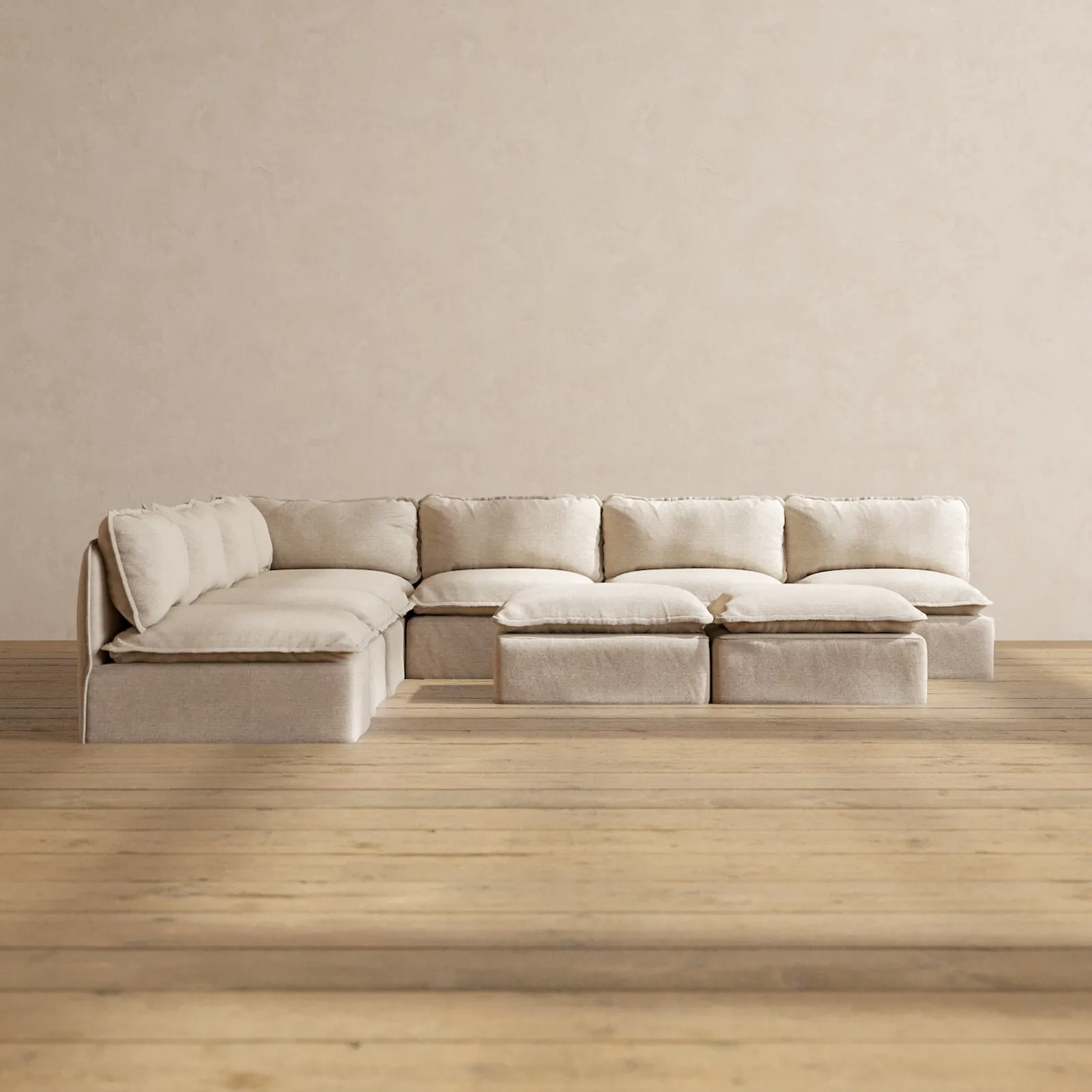 Modular Performance 7-Seater Open-Ends Corner Sectional   Bench Ottoman in Oat | Relaxed Blend