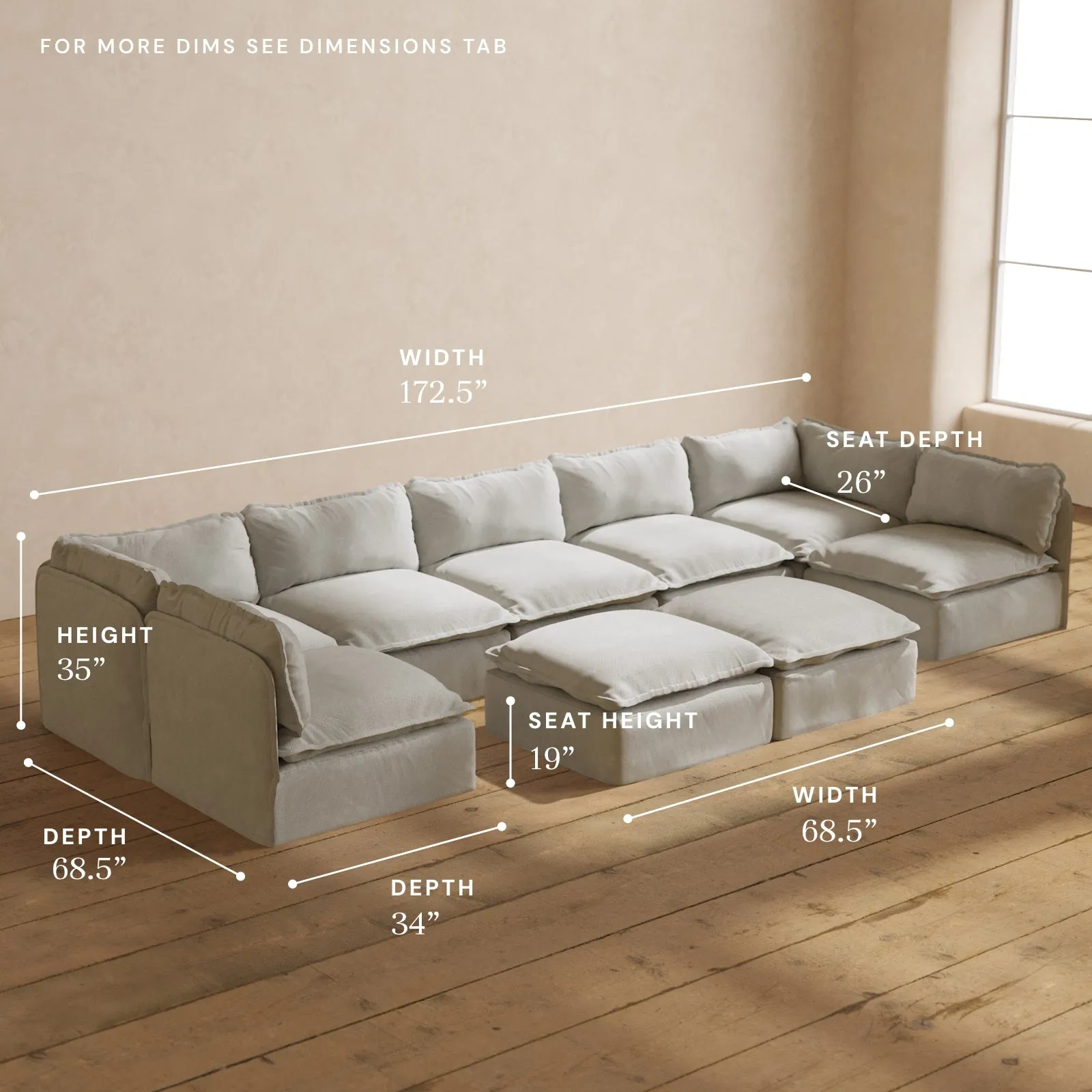 Modular Performance 7-Seater Open-Ends U-Sectional   Bench Ottoman in Cloud | Relaxed Blend