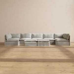 Modular Performance 7-Seater Open-Ends U-Sectional   Bench Ottoman in Cloud | Relaxed Blend