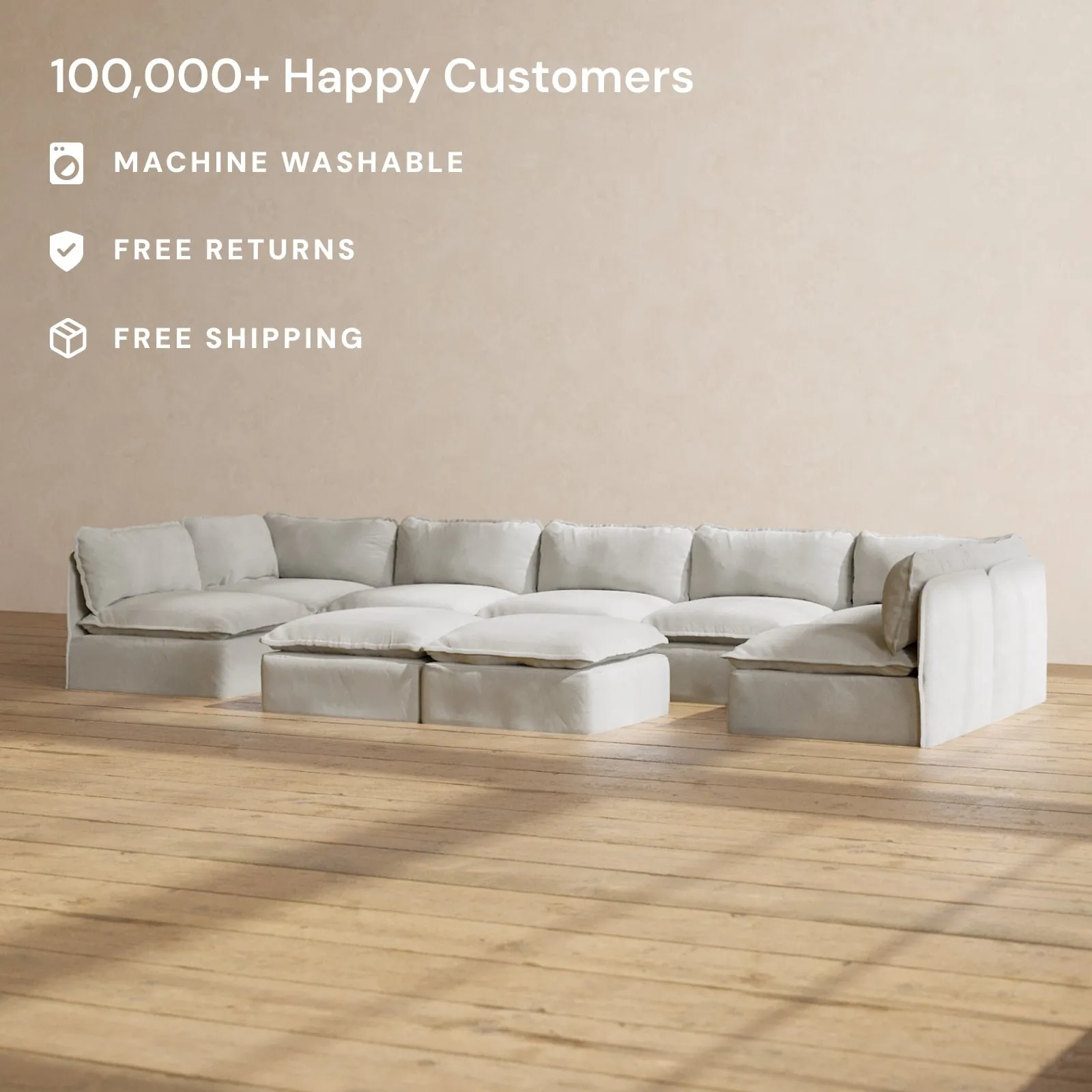 Modular Performance 7-Seater Open-Ends U-Sectional   Bench Ottoman in Cloud | Relaxed Blend