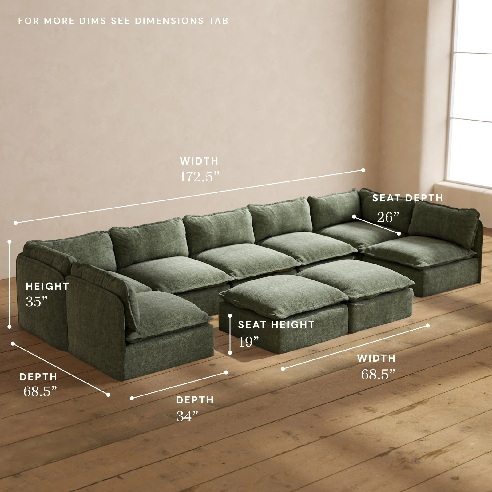 Modular Performance 7-Seater Open-Ends U-Sectional   Bench Ottoman in Willow | Relaxed Blend
