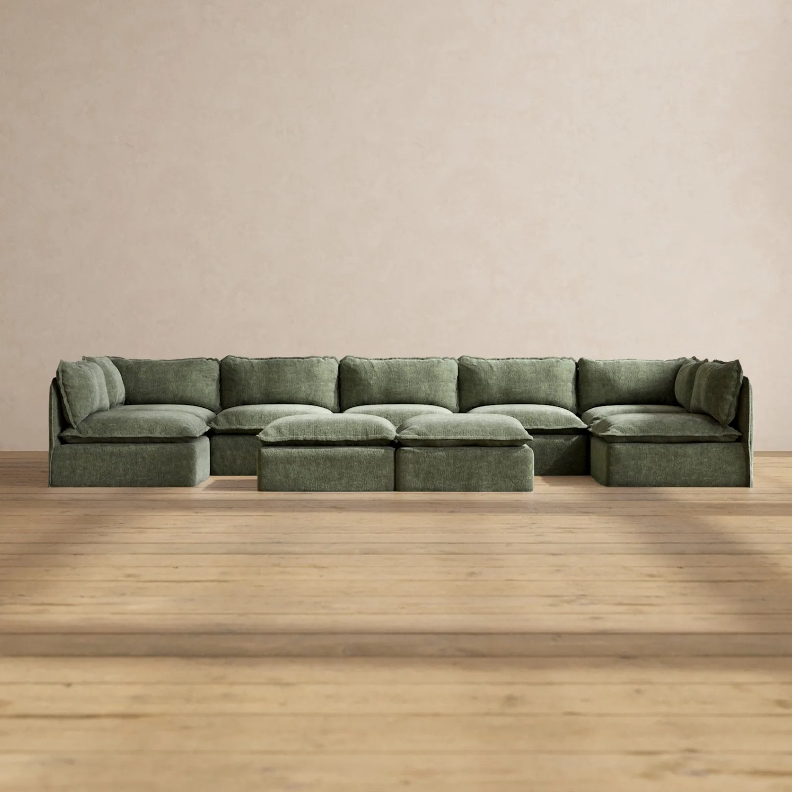 Modular Performance 7-Seater Open-Ends U-Sectional   Bench Ottoman in Willow | Relaxed Blend