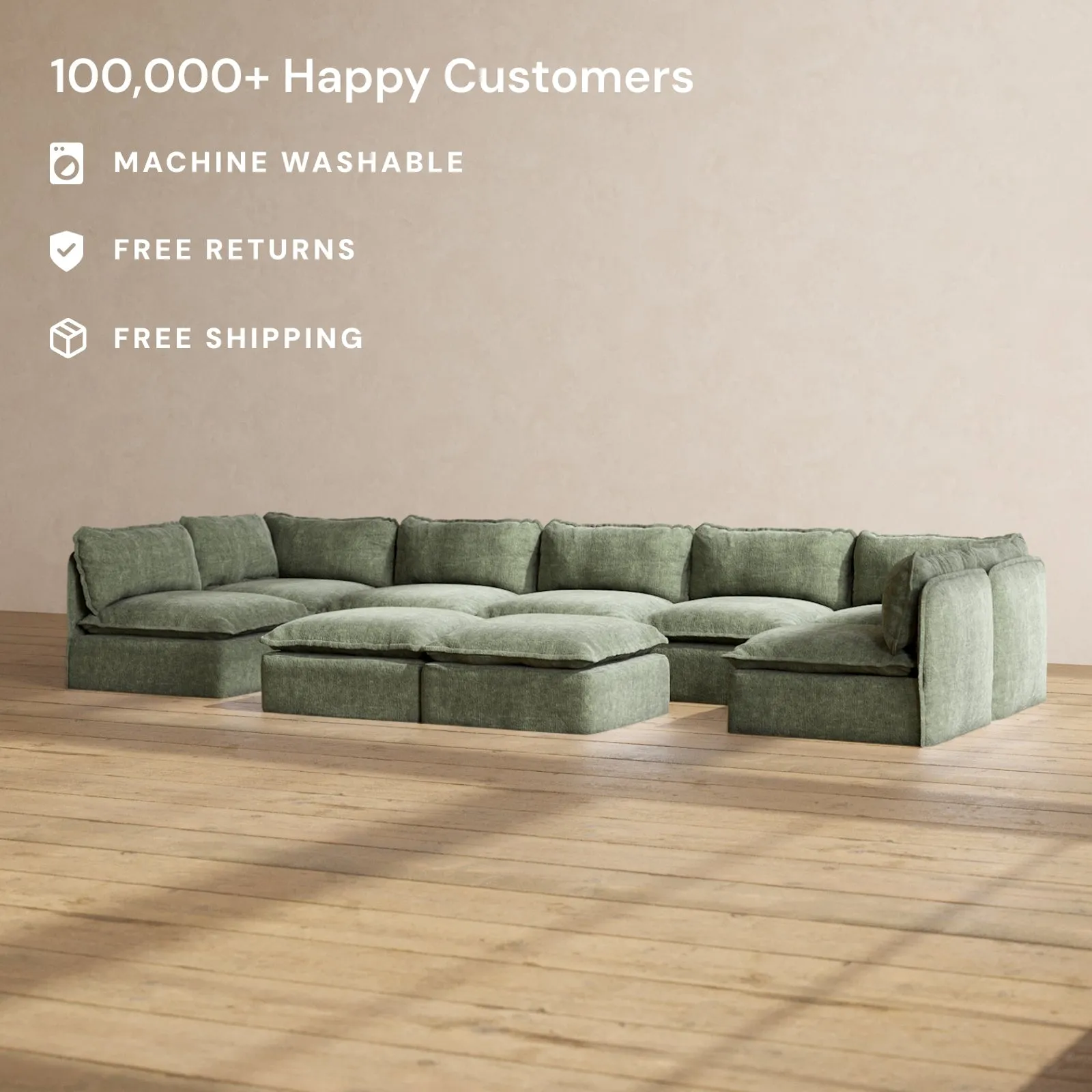 Modular Performance 7-Seater Open-Ends U-Sectional   Bench Ottoman in Willow | Relaxed Blend