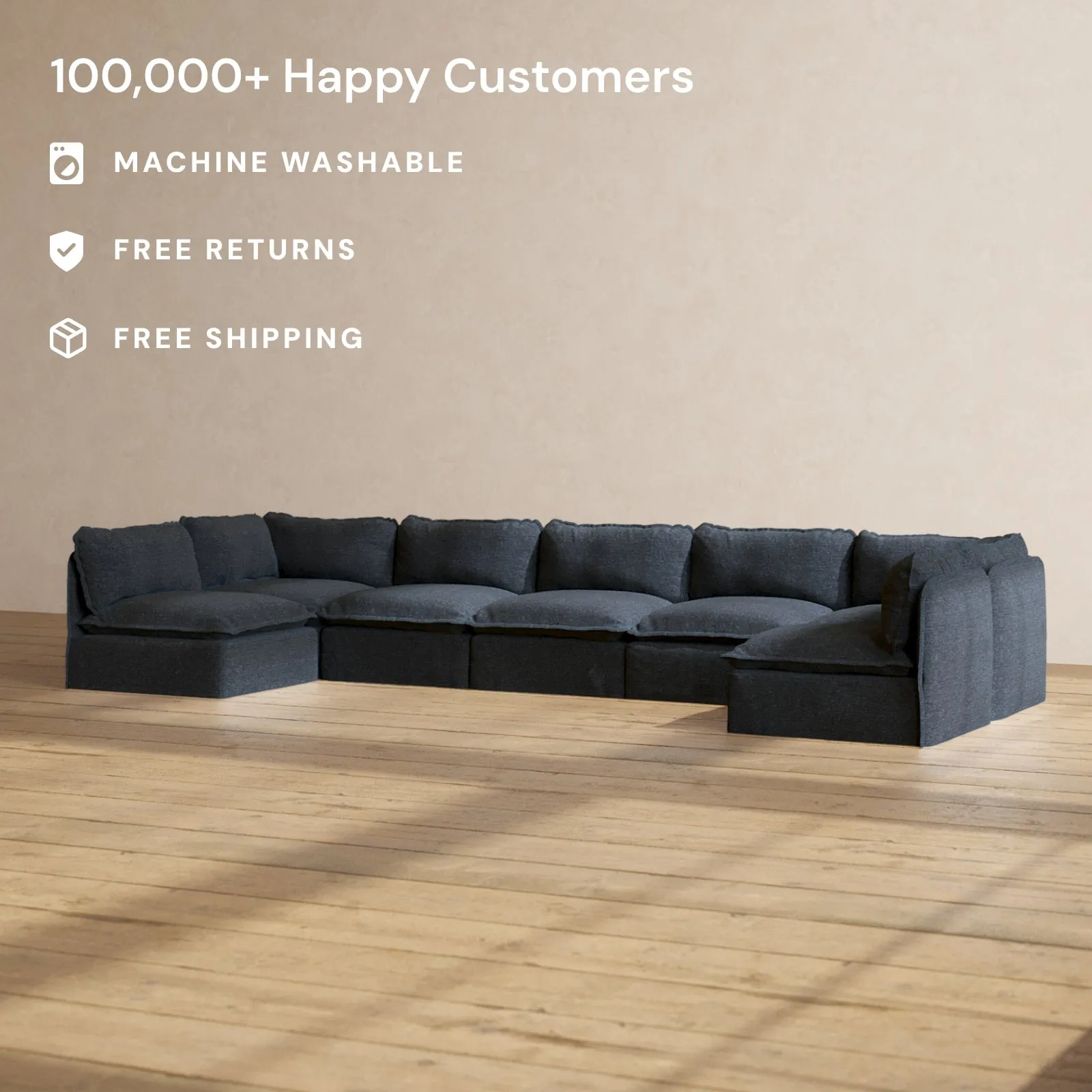 Modular Performance 7-Seater Open-Ends U-Sectional in Indigo | Deluxe Blend