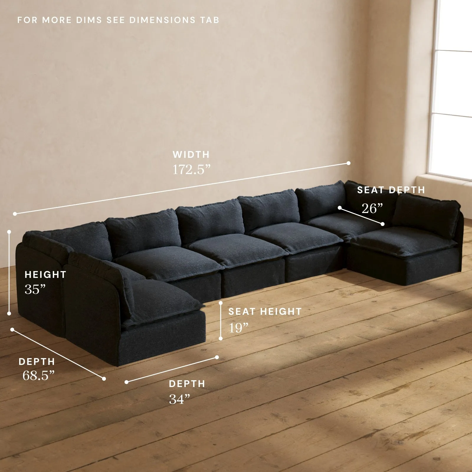 Modular Performance 7-Seater Open-Ends U-Sectional in Indigo | Deluxe Blend