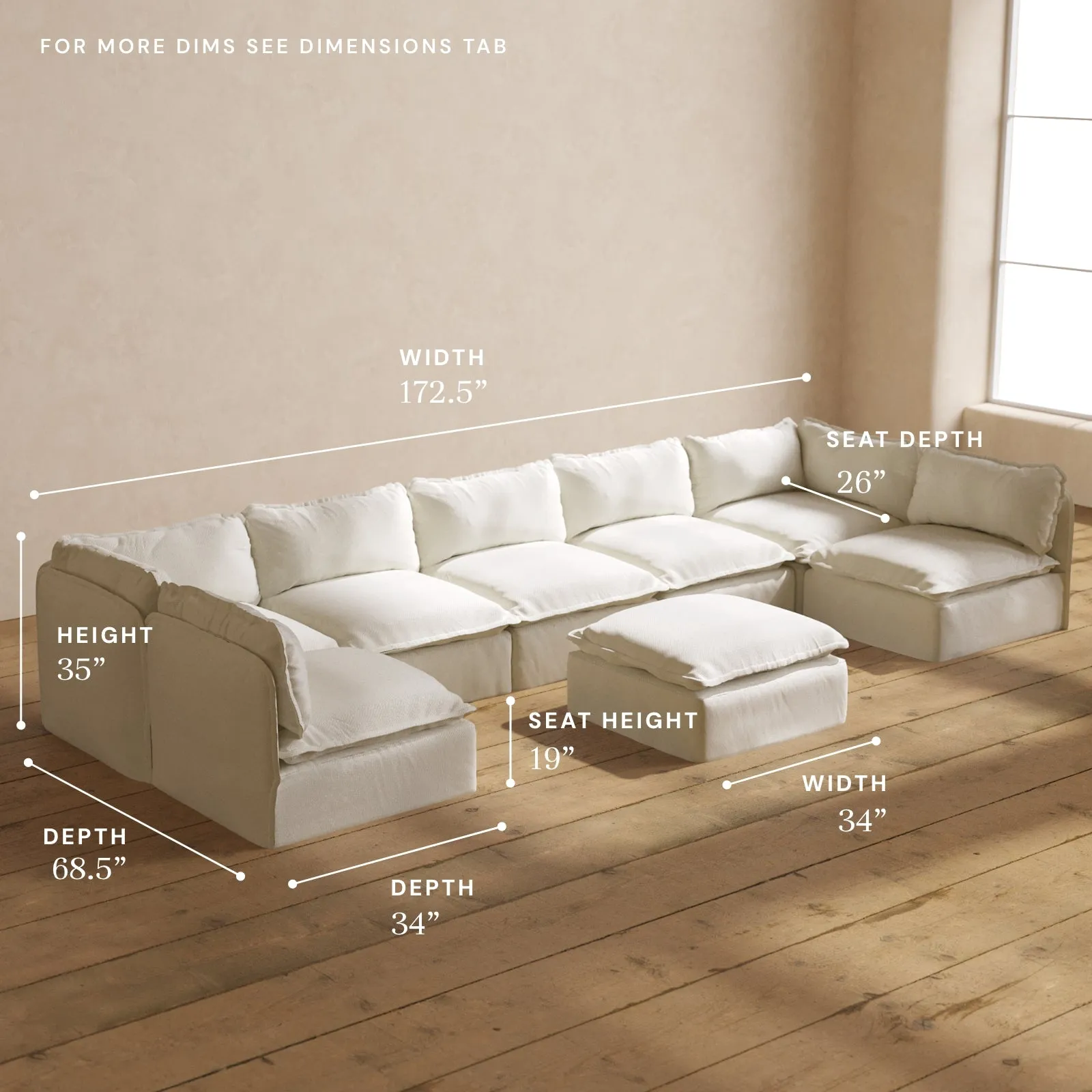 Modular Performance 7-Seater Open-Ends U-Sectional   Ottoman in Eggshell | Deluxe Blend