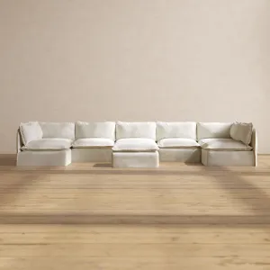 Modular Performance 7-Seater Open-Ends U-Sectional   Ottoman in Eggshell | Deluxe Blend