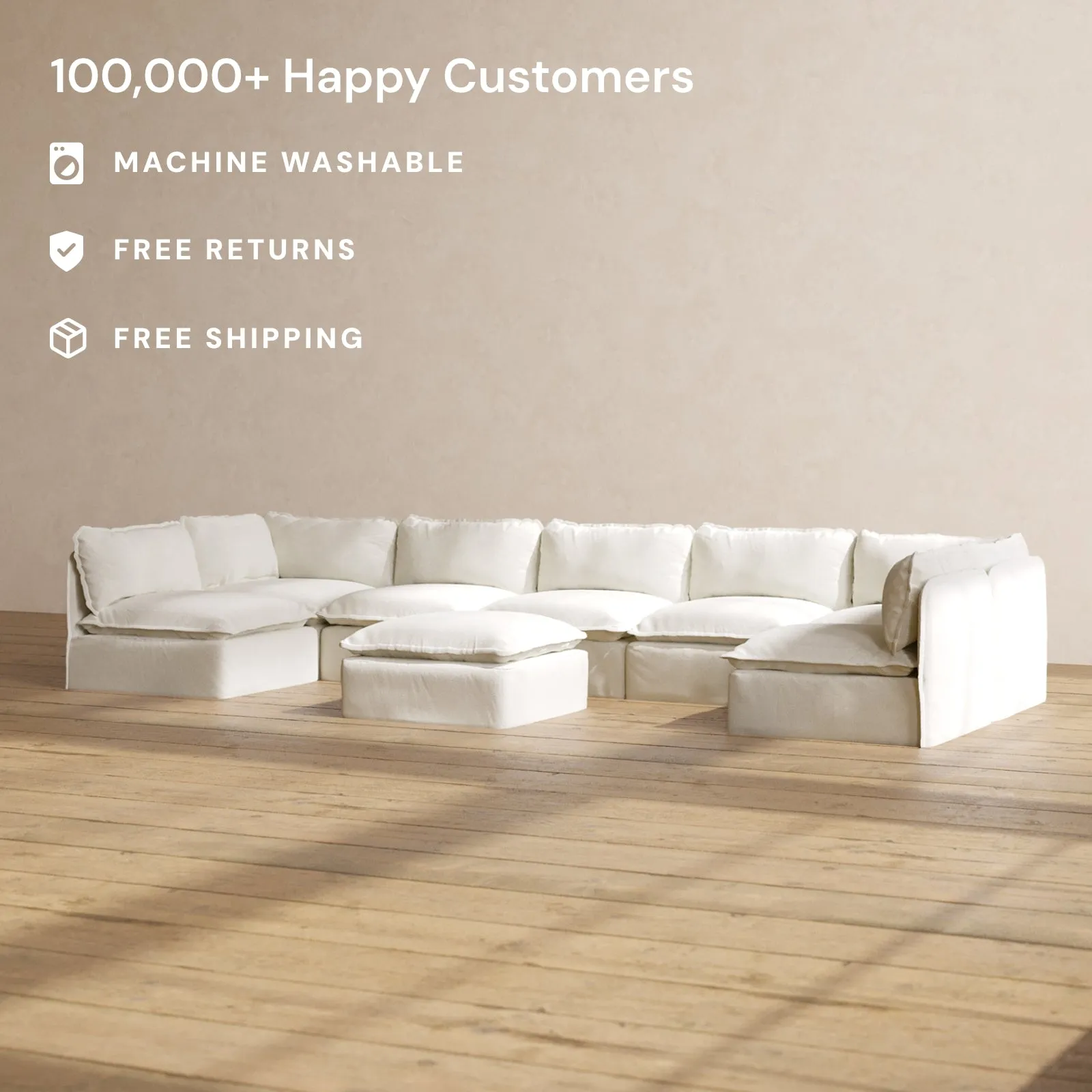 Modular Performance 7-Seater Open-Ends U-Sectional   Ottoman in Eggshell | Deluxe Blend