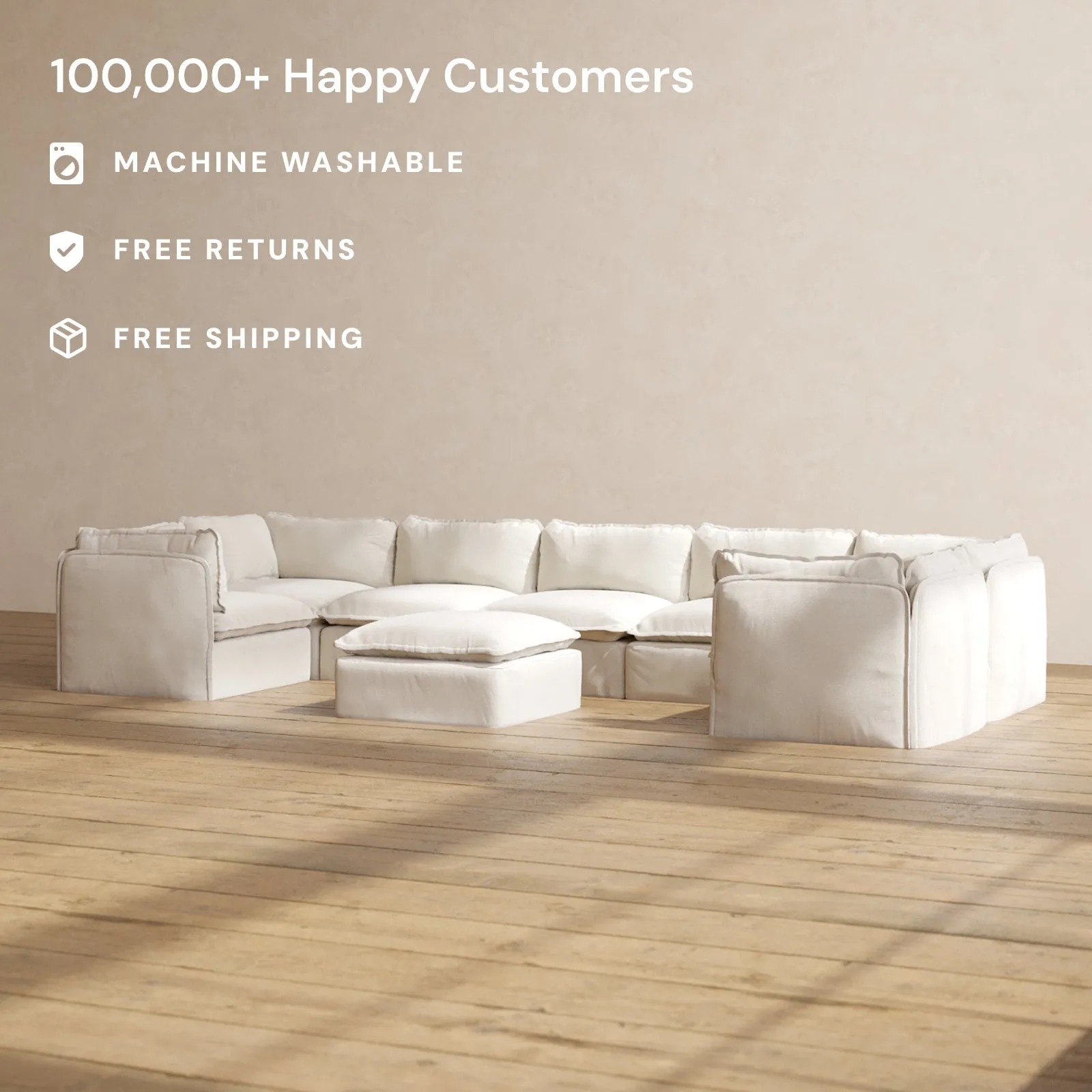 Modular Performance 7-Seater U-Sectional   Ottoman in Flour | Relaxed Blend