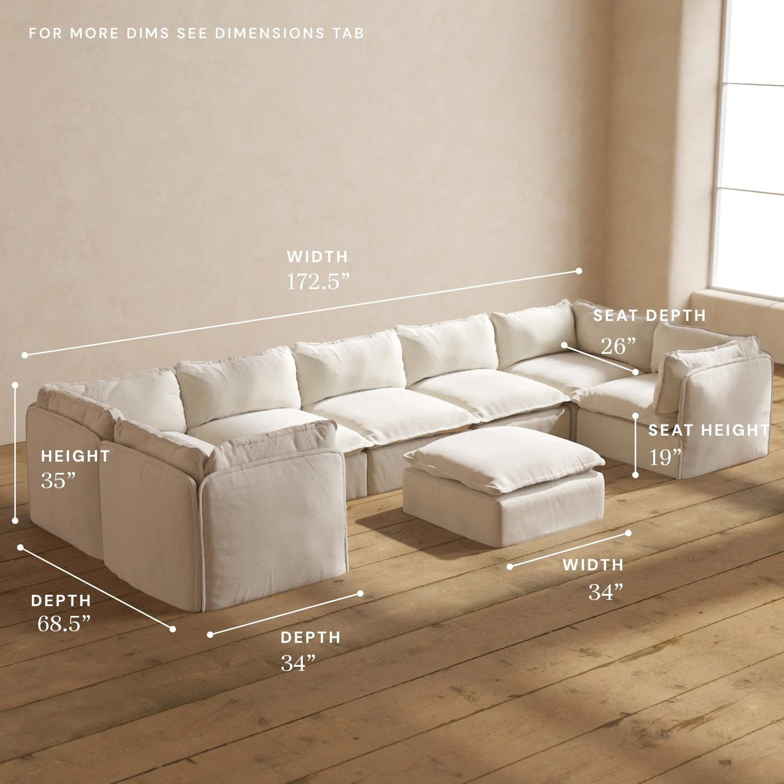 Modular Performance 7-Seater U-Sectional   Ottoman in Flour | Relaxed Blend