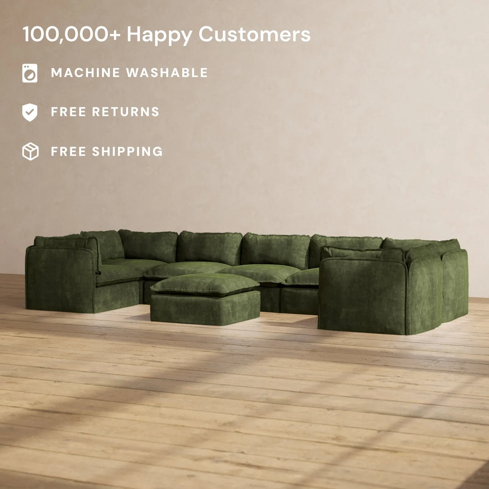 Modular Performance 7-Seater U-Sectional   Ottoman in Olive | Deluxe Blend