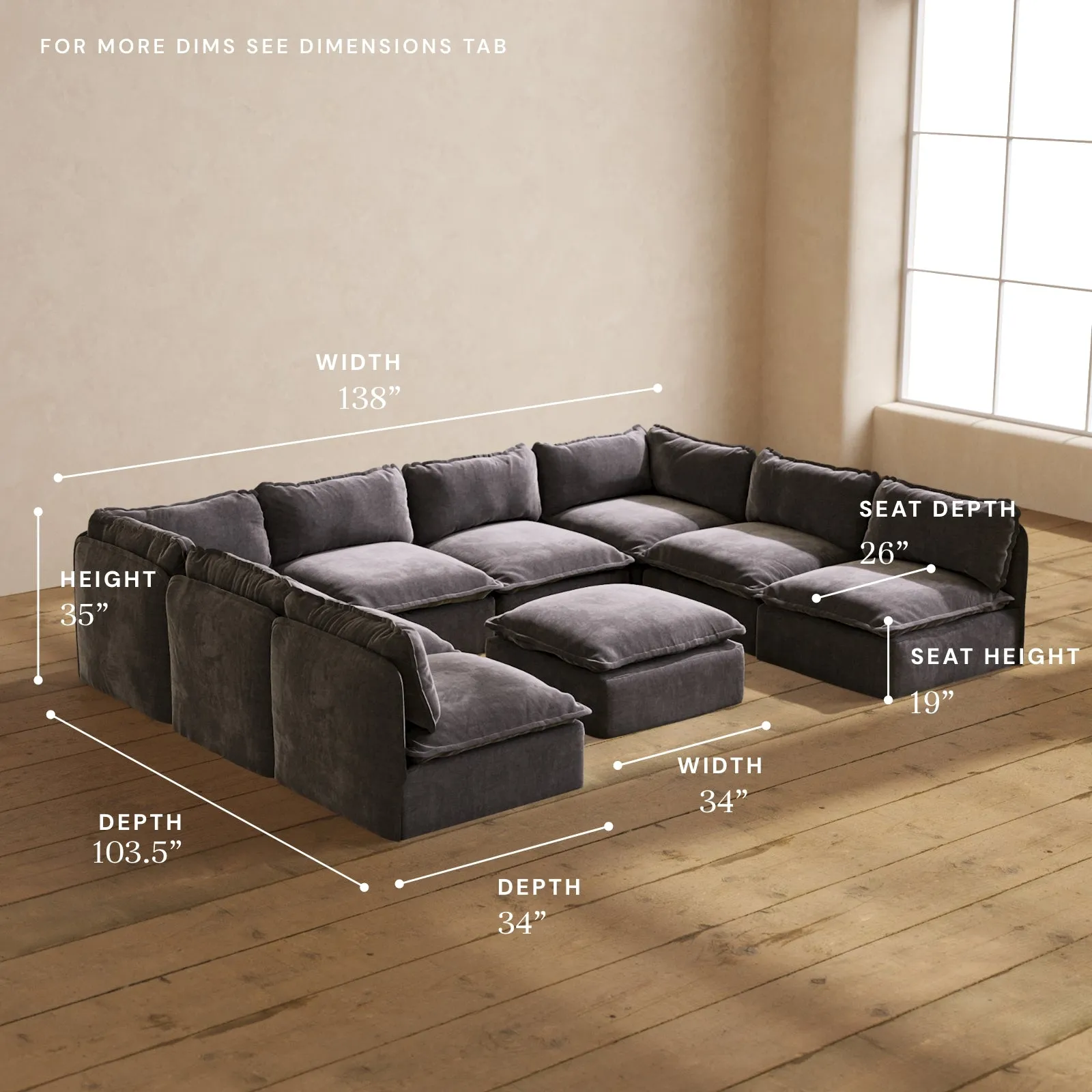 Modular Performance 8-Seater Open-Ends U-Sectional   Ottoman in Cinder | Deluxe Blend