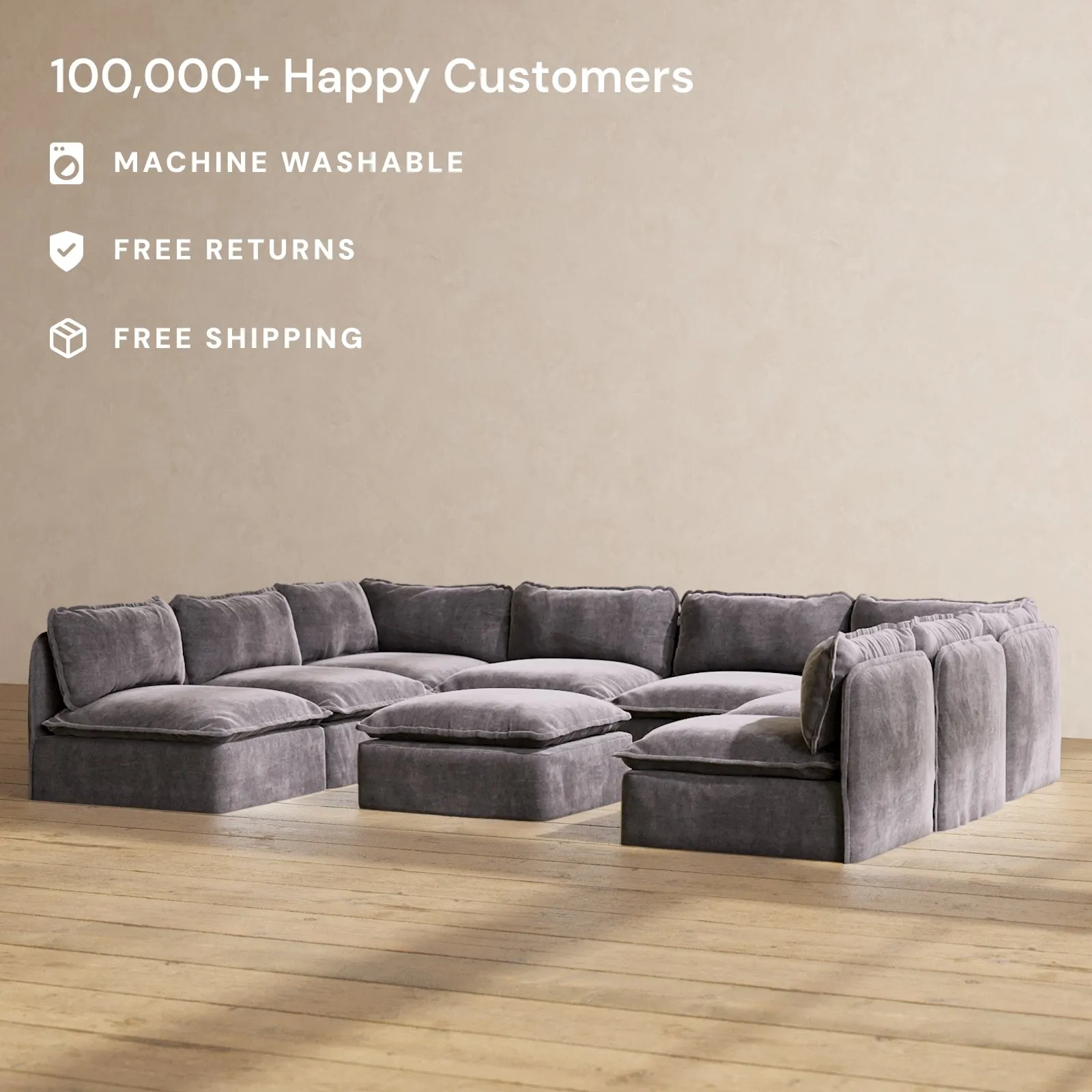 Modular Performance 8-Seater Open-Ends U-Sectional   Ottoman in Cinder | Deluxe Blend