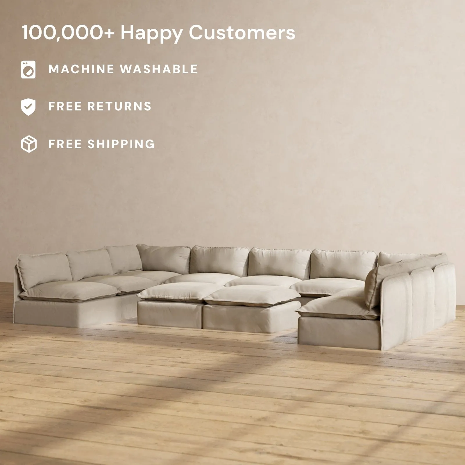 Modular Performance 9-Seater Open-Ends U-Sectional   Bench Ottoman in Dune | Deluxe Blend