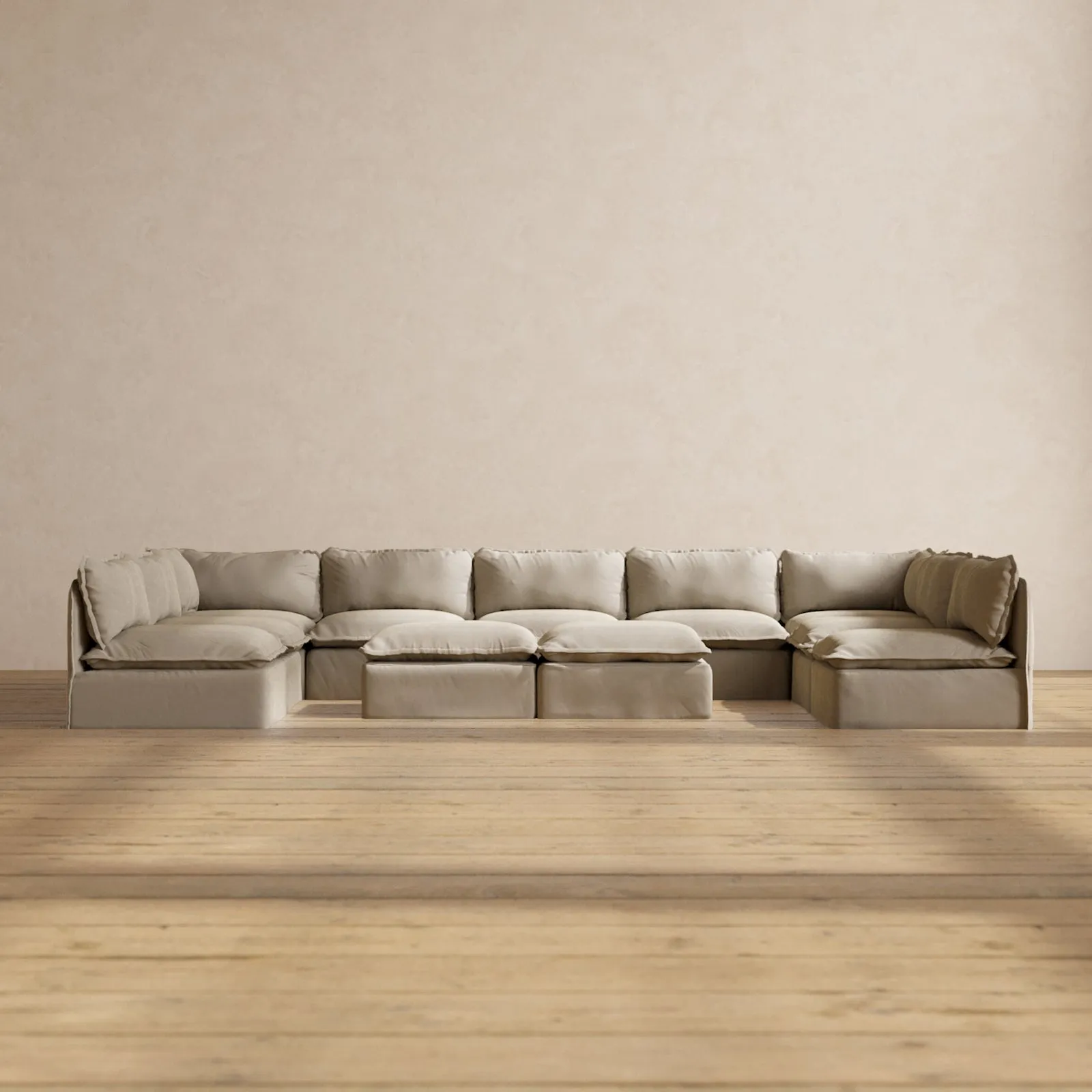 Modular Performance 9-Seater Open-Ends U-Sectional   Bench Ottoman in Dune | Deluxe Blend