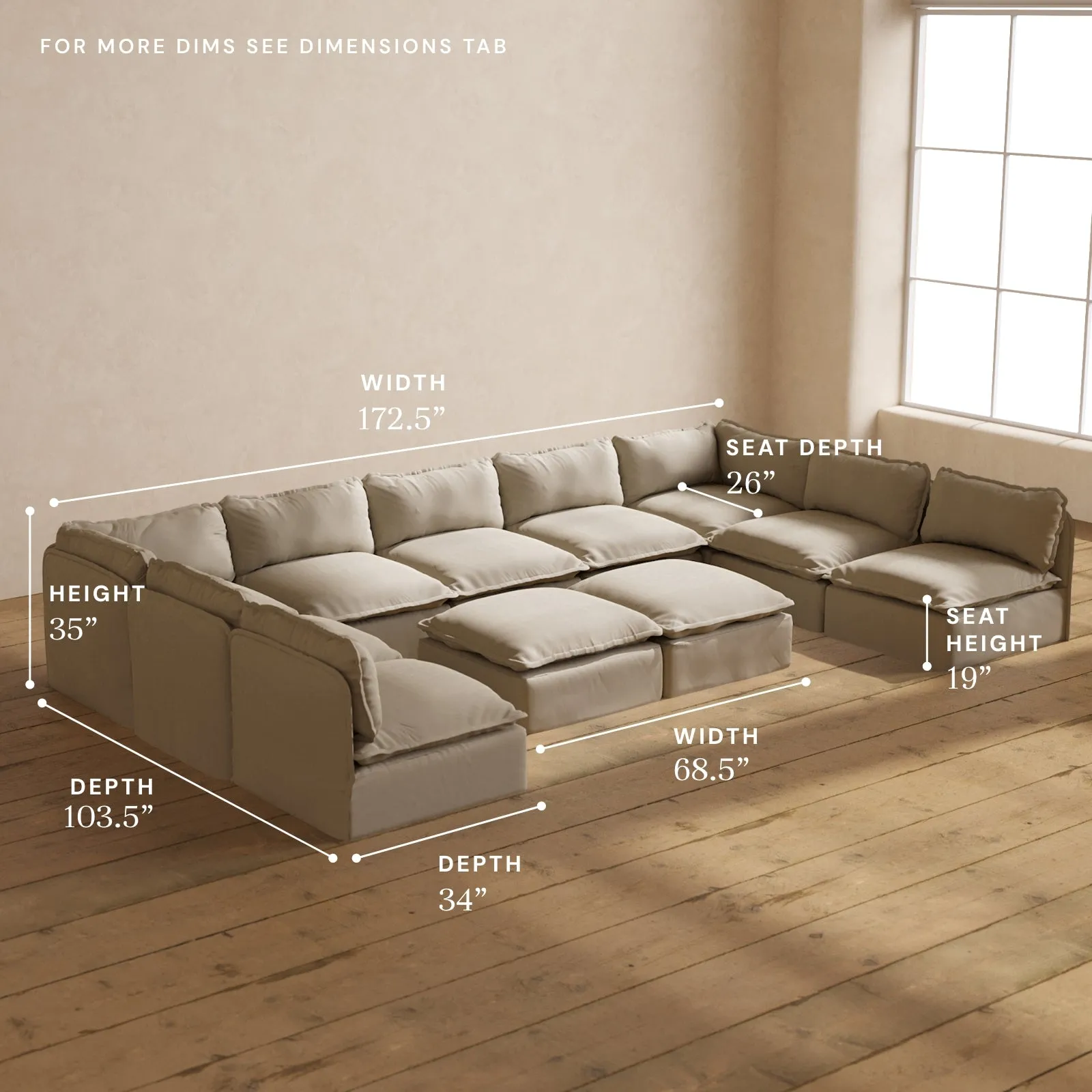 Modular Performance 9-Seater Open-Ends U-Sectional   Bench Ottoman in Dune | Deluxe Blend