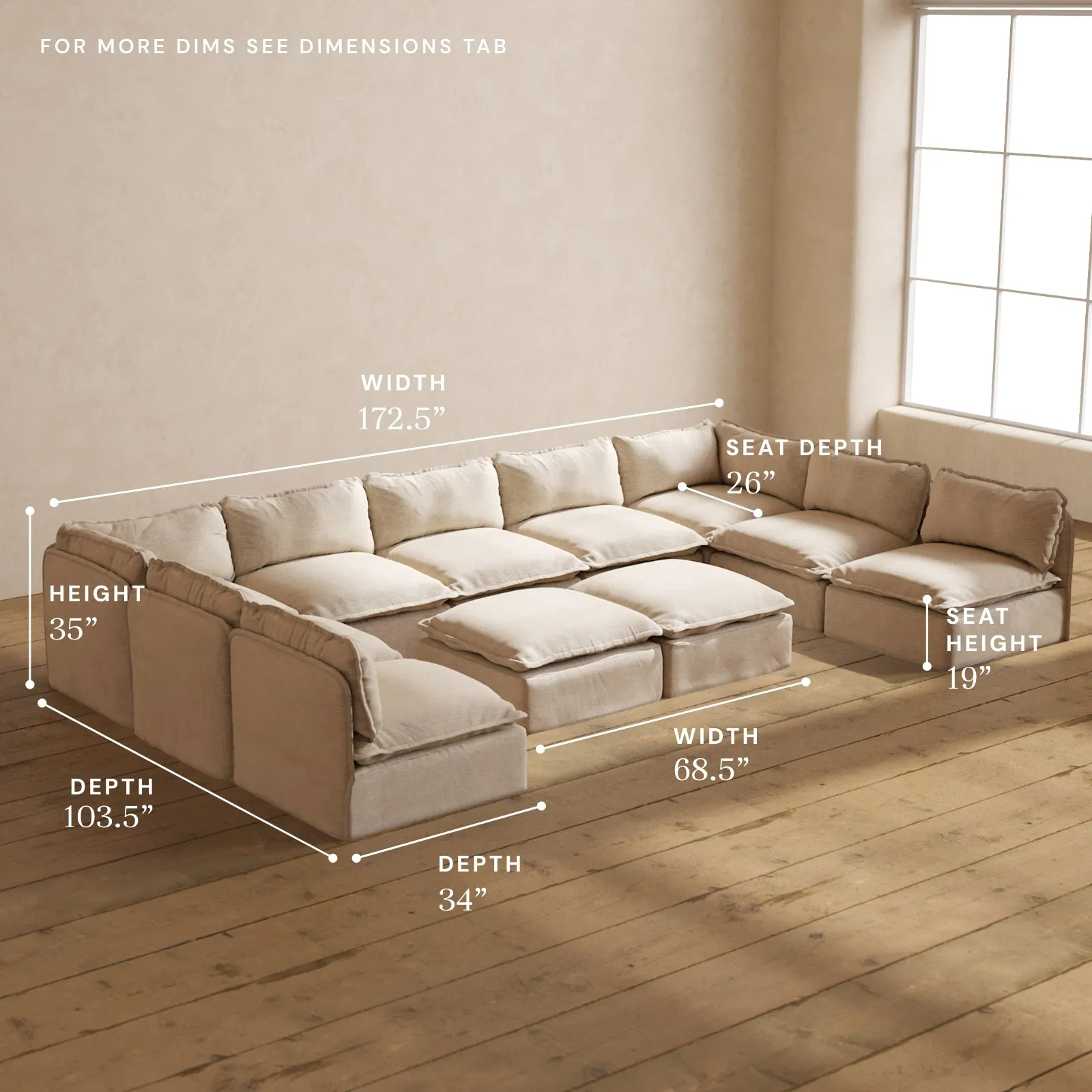 Modular Performance 9-Seater Open-Ends U-Sectional   Bench Ottoman in Oat | Deluxe Blend