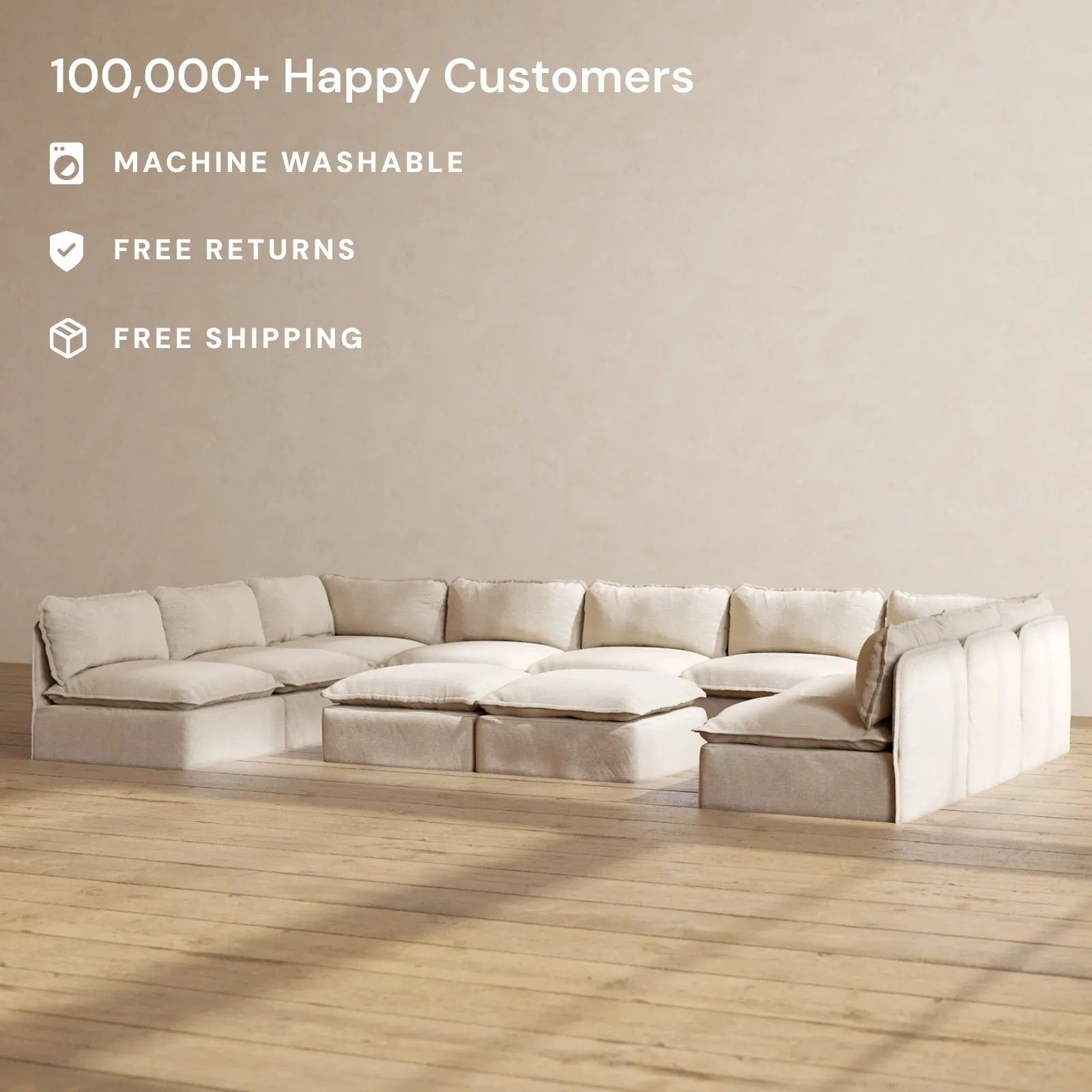 Modular Performance 9-Seater Open-Ends U-Sectional   Bench Ottoman in Oat | Deluxe Blend