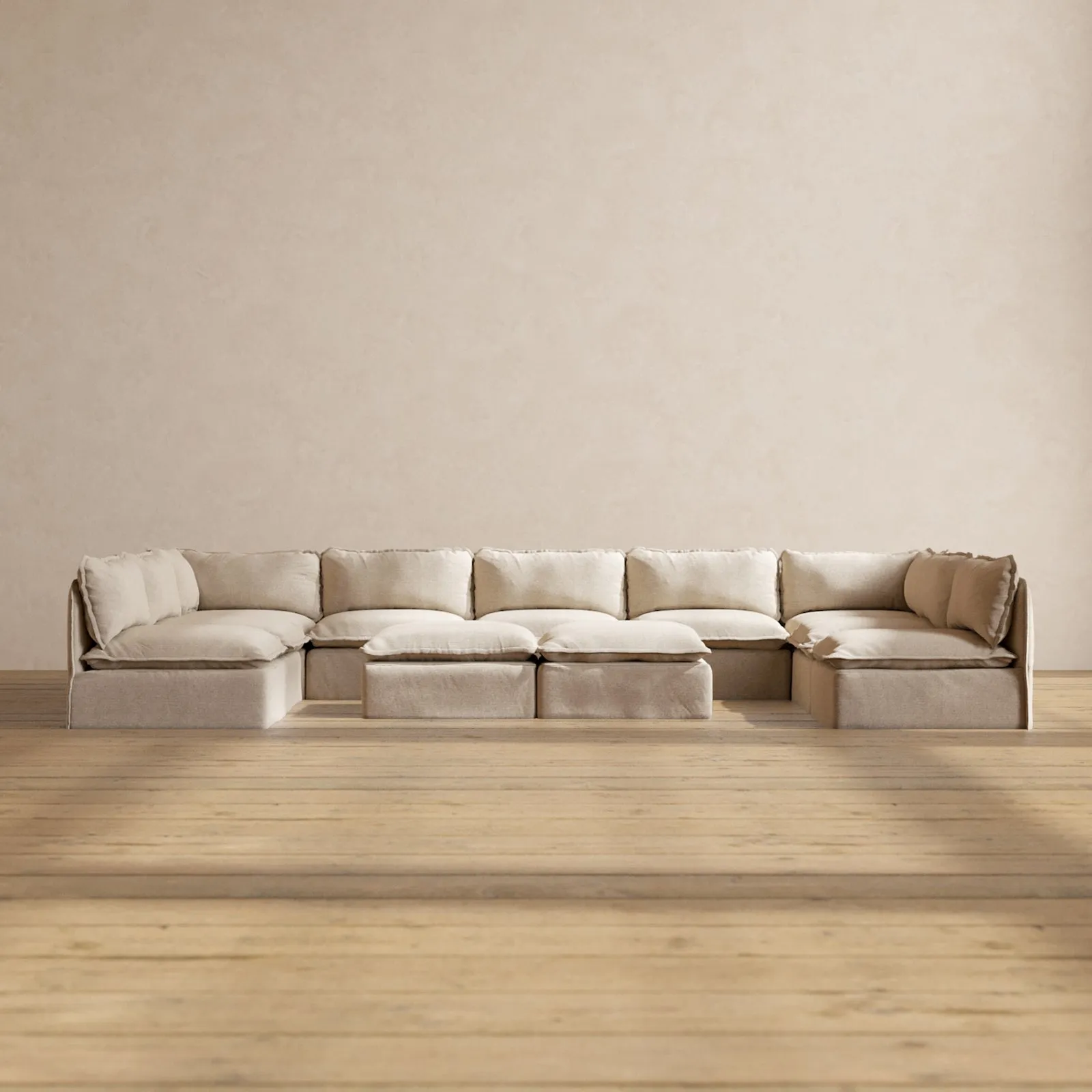Modular Performance 9-Seater Open-Ends U-Sectional   Bench Ottoman in Oat | Deluxe Blend