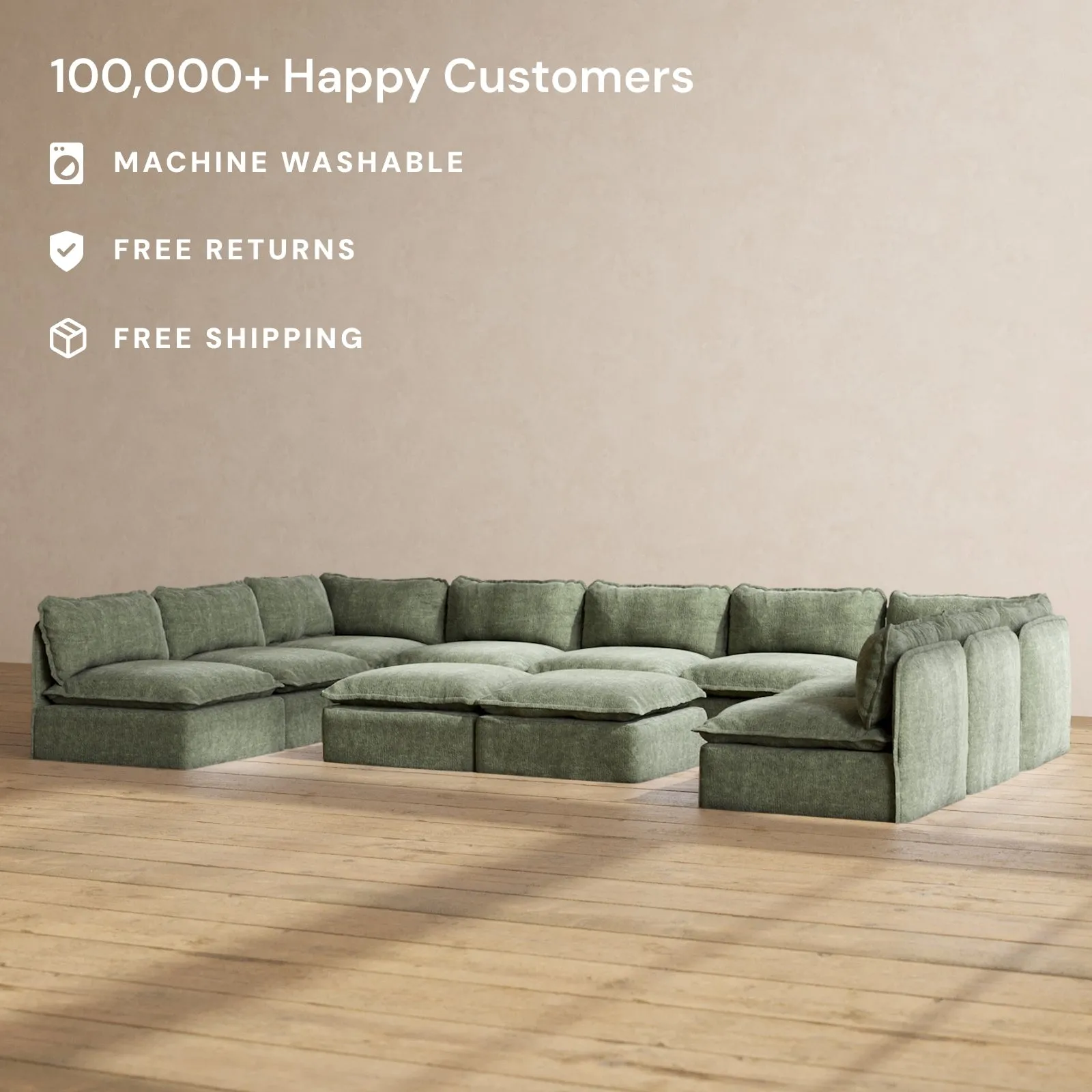 Modular Performance 9-Seater Open-Ends U-Sectional   Bench Ottoman in Willow | Deluxe Blend
